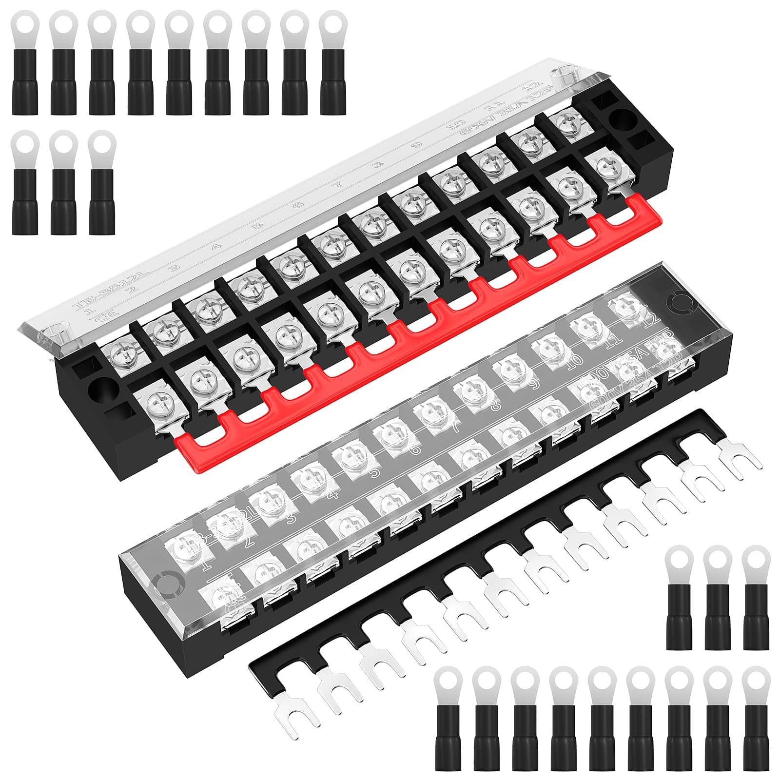 35A Double Row 12 Position Screw Terminal Strip with Cap and Jumper Block Pre-Insulated 12 Position Terminal - 2 Units