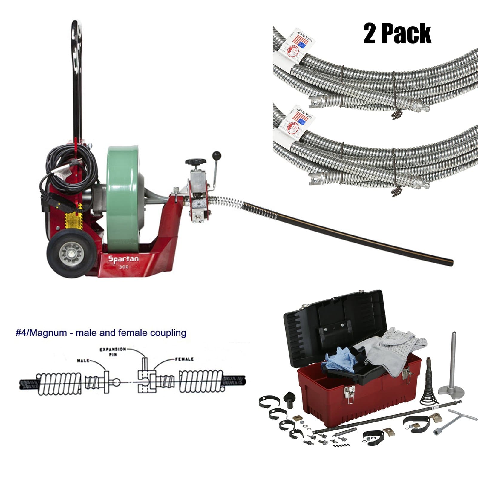 Spartan Tool 300 Cable Pipe Drain Machine with 50'x.55" Pipe Cleaning Cable and 0.55" Magnum Tool Box and Cutter Kit