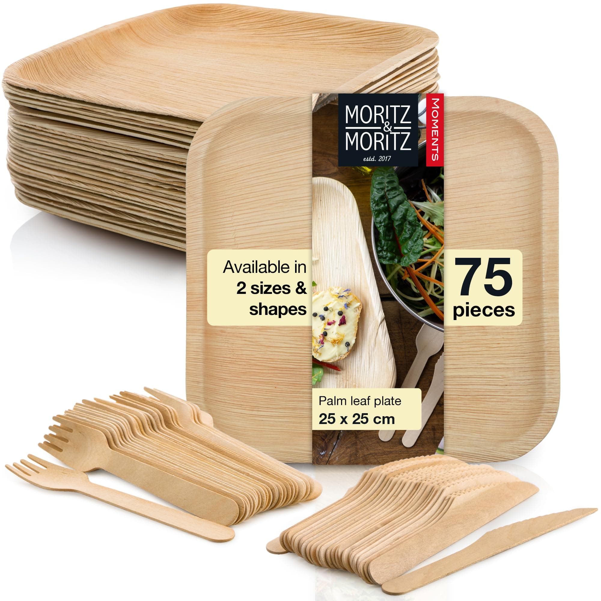 Moritz & Moritz 75 Pcs. Disposable Set - 25x25 cm Palm Leaf Plates With Wooden Cutlery - Alternative to Bamboo and Paper Plates