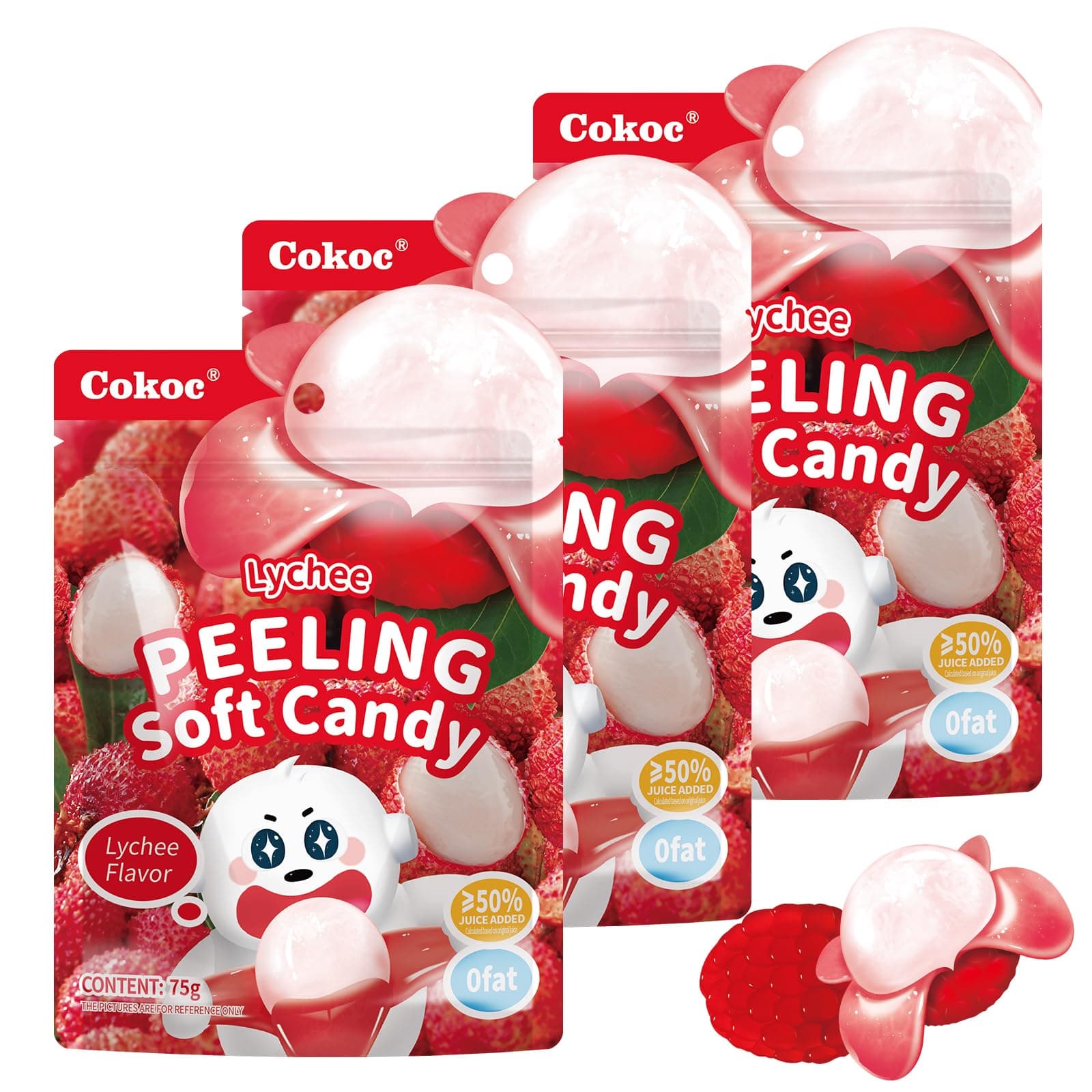 COKOC Peelable Lychee Gummies, Peeling Fruit-Shaped Candy, 7.93oz Individual Packs-Fun Peeling Gummy Snack Made with Real Juice(Pack of 3) Easter Candy Bag