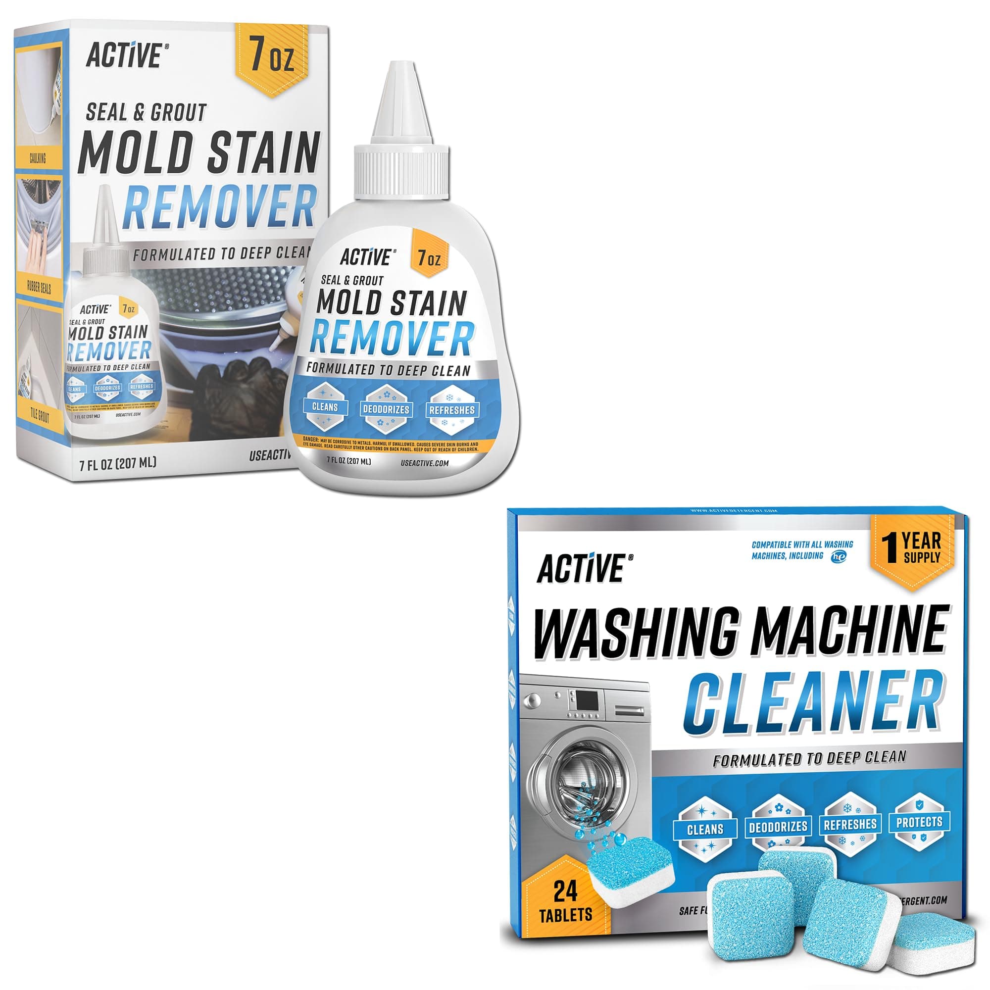ACTIVE Washing Machine Cleaner and Mold Stain Remover - Includes 24ct Washer Cleaning Tablets and 7oz Mildew Stain Remover Gel