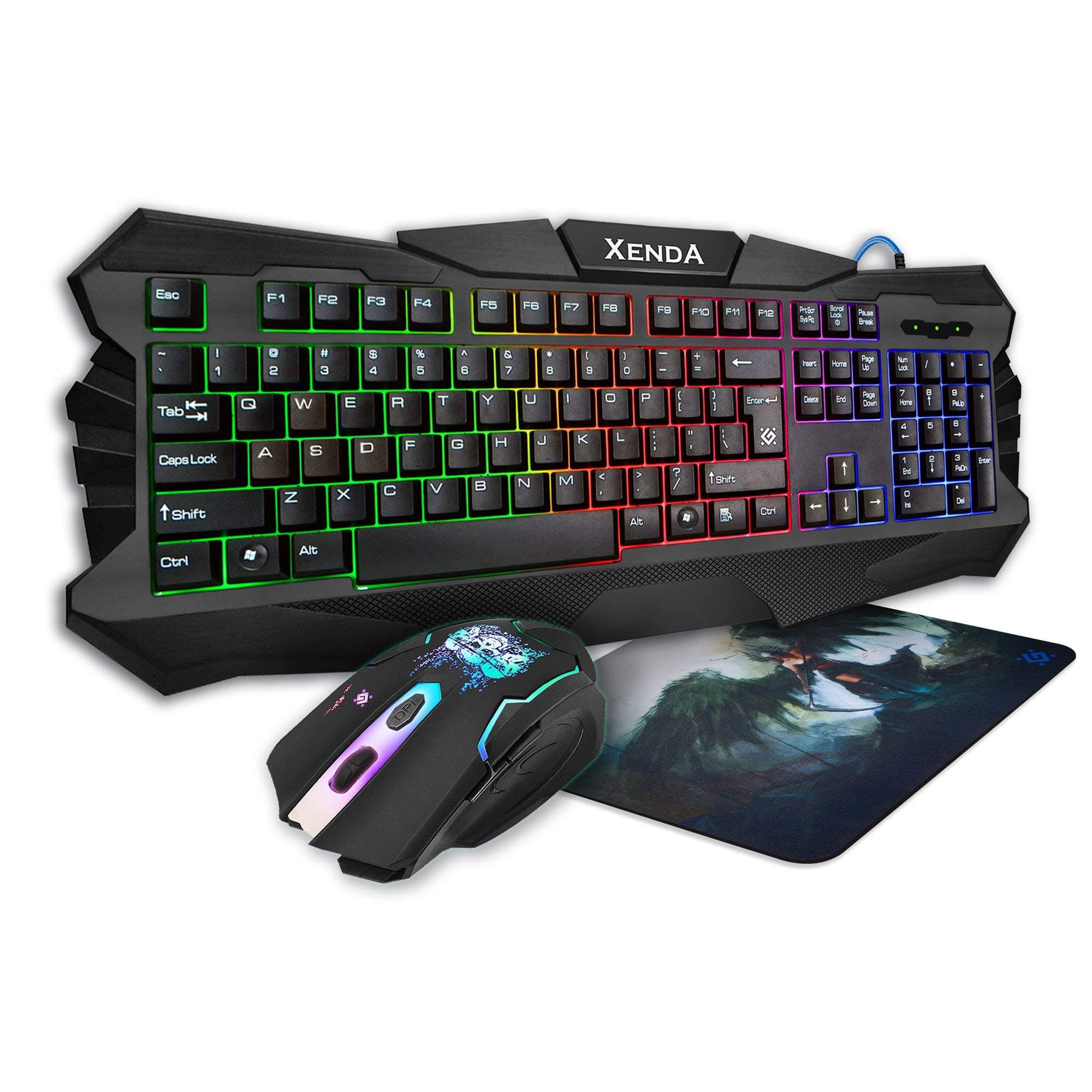 Defender Rainbow Gaming Backlit Keyboard & Mouse Combo with Smooth Mousepad – 5 Customizable Mouse Buttons, 19 Anti-Ghost Keys – DPI& Backlight Brightness Adjustment – Ergonomic & Durable