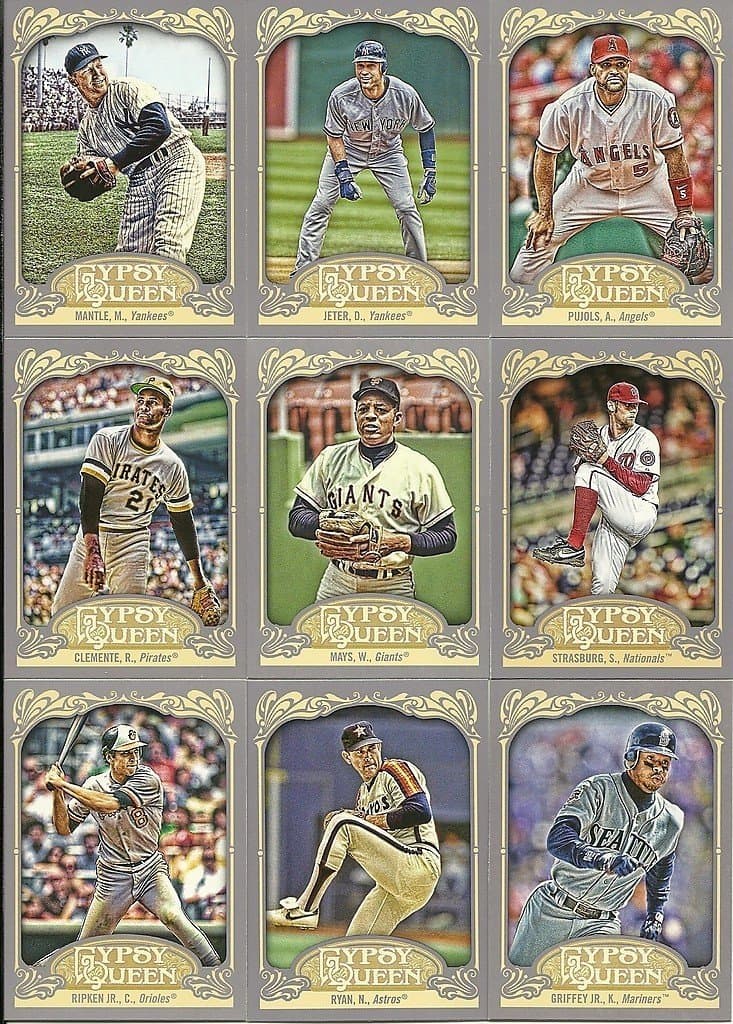 2012 Topps Gypsy Queen Baseball Series Complete Mint Hand Collated Basic 300 Card Set. Loaded with Your Favorite Stars and Hall of Famers Including Babe Ruth, Mickey Mantle, Sandy Koufax, Jackie Robinson, Roberto Clemente, Ty Cobb, Roger Maris, Lou Gehrig, Cal Ripken Jr., Nolan Ryan, Derek Jeter, Albert Pujols and Many Others