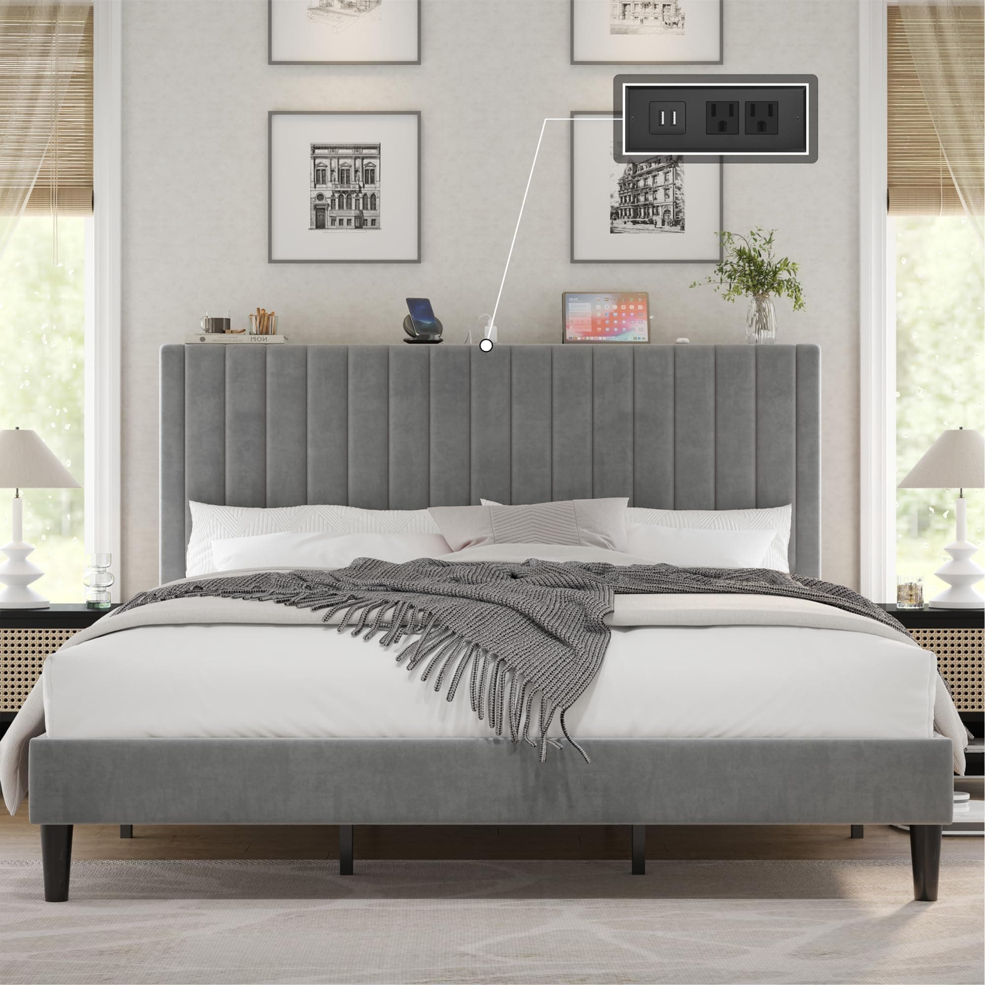 King Size Bed Frame, Velvet Upholstered Platform Bed with Channel Tufted Headboard, Mattress Foundation with Wood Slats, No Box Spring Needed, Noise Free, Light Gray