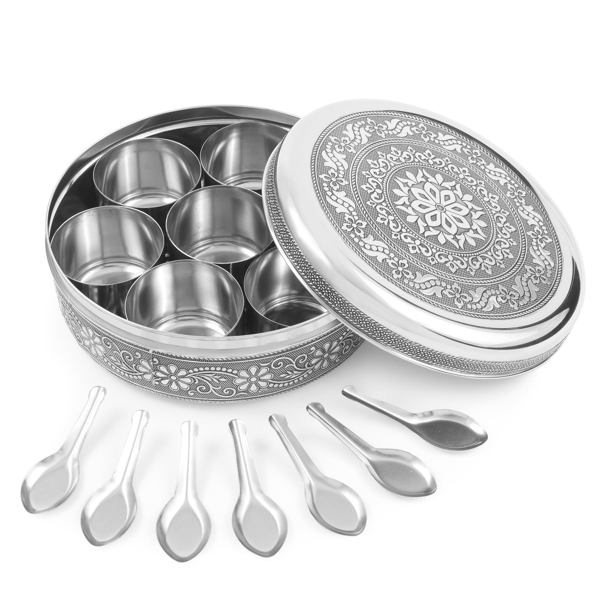 Designer Spice Container Masala Dabba With 7 Compartments, Masala Box, Spice Container Box, Stainless Steel Spice Box Indian Masala Dabba with Lid, 8 Inch