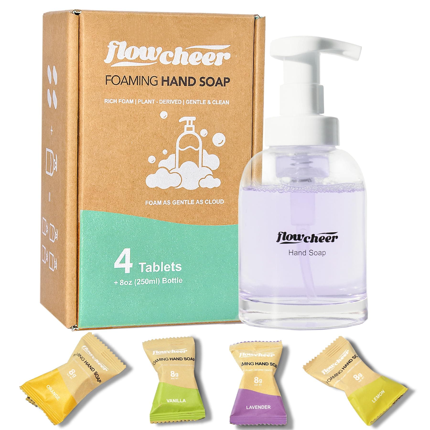 flowcheer Hand Soap Starter Set –1 Refillable CrystalClear Glass Foaming Hand Soap Dispenser + 4 Scented Soap Refill Tablets, 4 x 9 Fl oz,Soap Pump for Bathroom Kitchen Countertop