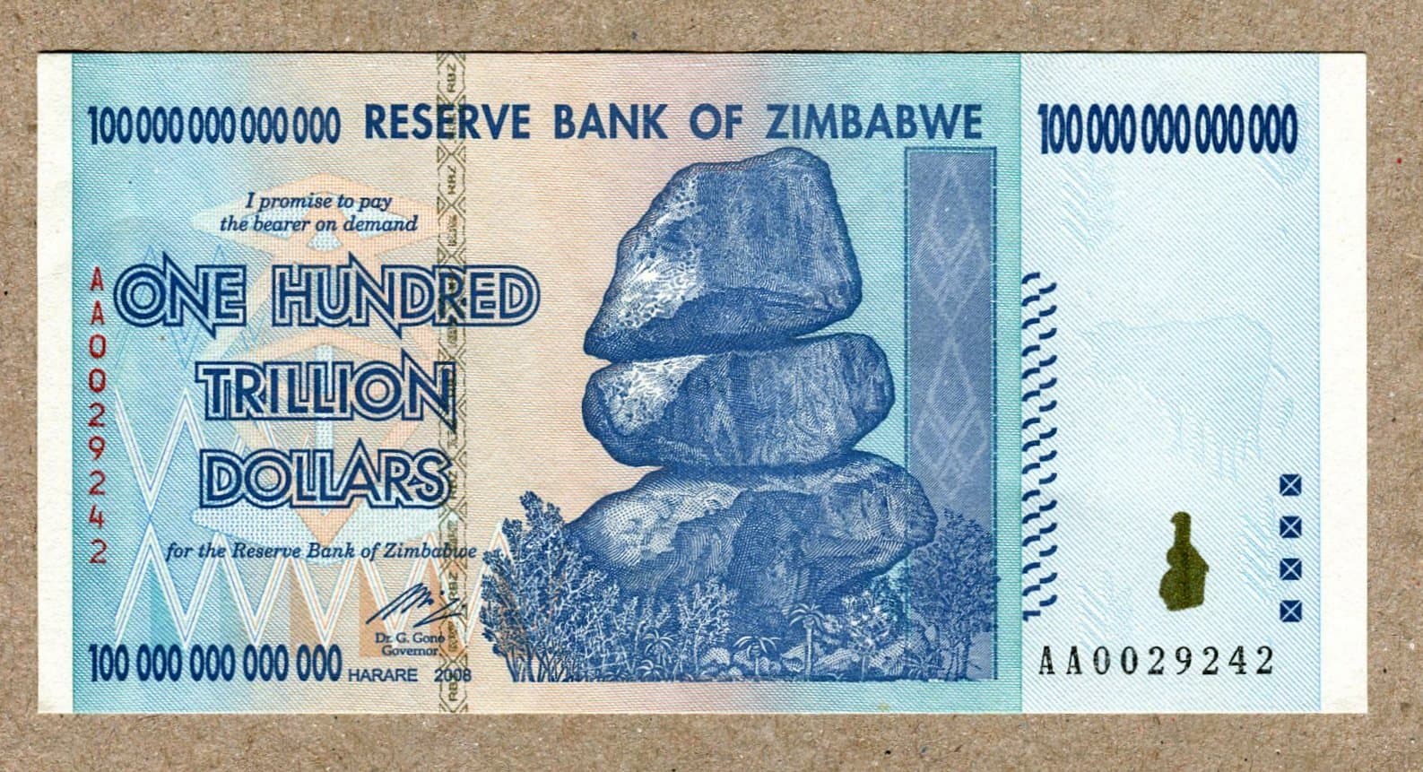 Zimbabwe 100 Trillion Dollar EXTREMELY LOW Serial AA00. Note Bill Money Inflation Record Currency Banknote by Zimbabwe Central Bank