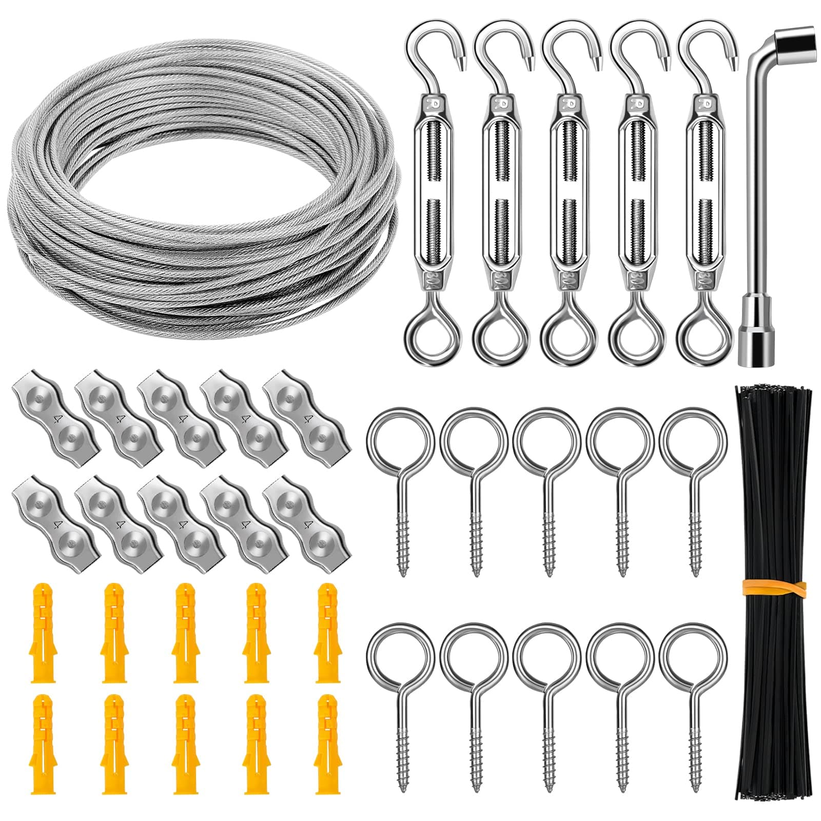 String Light Hanging Kit, CGBOOM 1/8" Stainless Steel Cable Wire, 98ft Coated Wire Rope with Turnbuckles and Hooks for Deck Railing System, Outdoor Light Hanging, Garden Fence