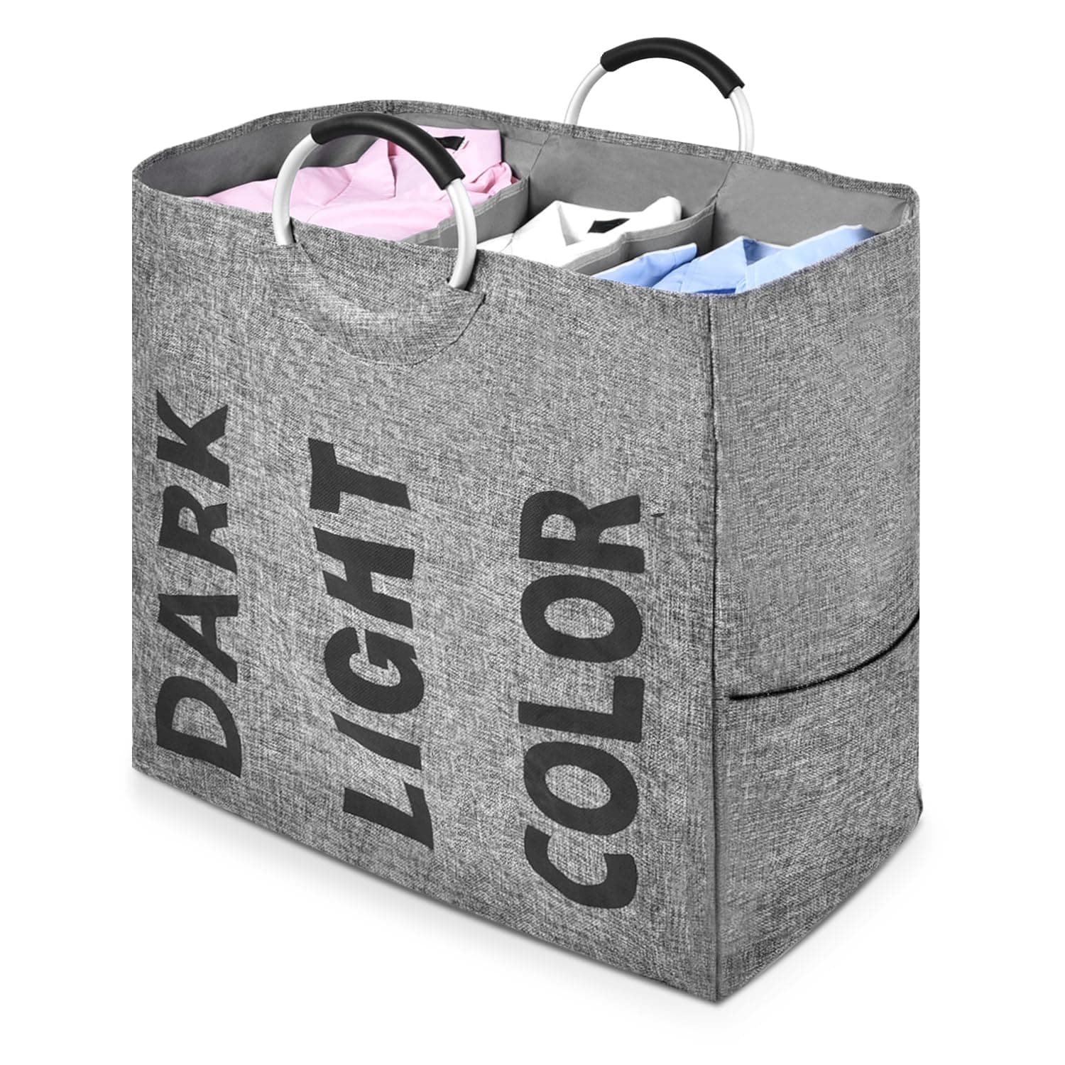 OTraki Laundry Hamper 3 Section 106L Large Foldable Laundry Basket 3 section Darks Lights Dirty Clothes Laundry Basket Sorting with Handles for Home Bedroom Bathroom College Dorm Grey