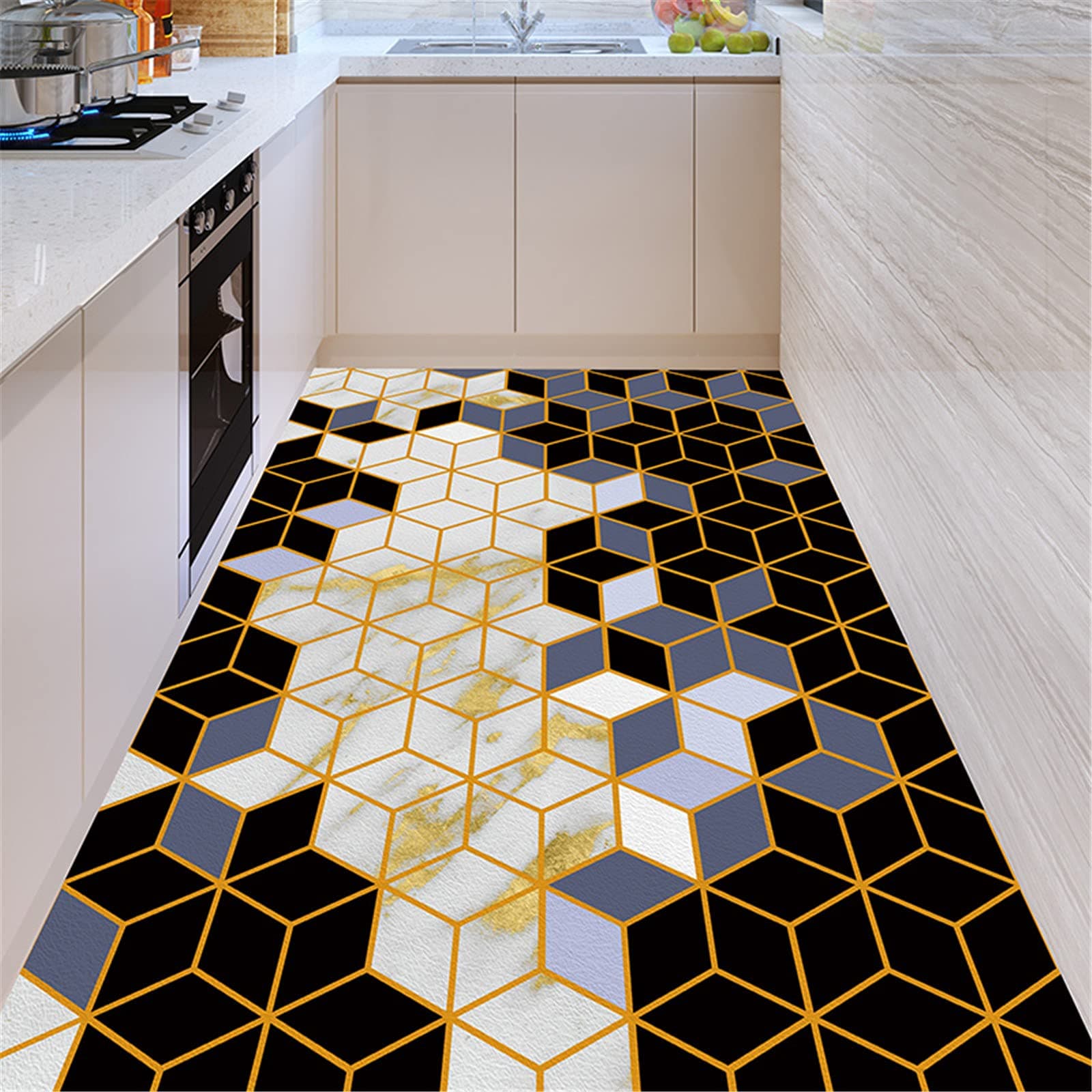 Modern Kitchen Rugs, Geometric Patterns Non Slip Leather Floor Mats, PVC Waterproof Outdoor Carpet, for Home Bedroom Living Room Bath Area Rugs, Customizable,140x600cm