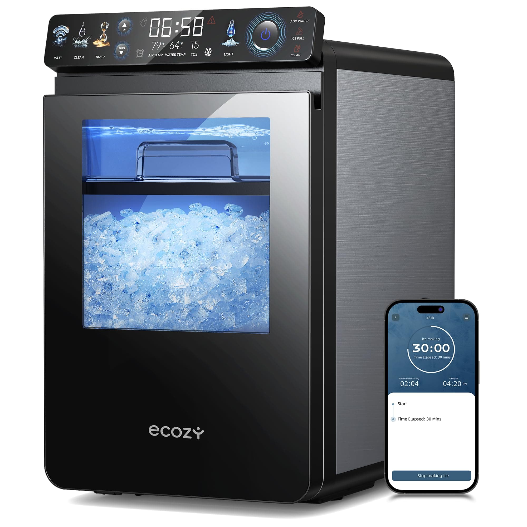 Smart Nugget Ice Maker Countertop, First Full-Color Smart Panel Ice Machine with APP Control, Double-Layer Insulation, 44 lbs/24H Soft Pellet Chewable Ice, Pull-Out Water Tank, Self-Cleaning