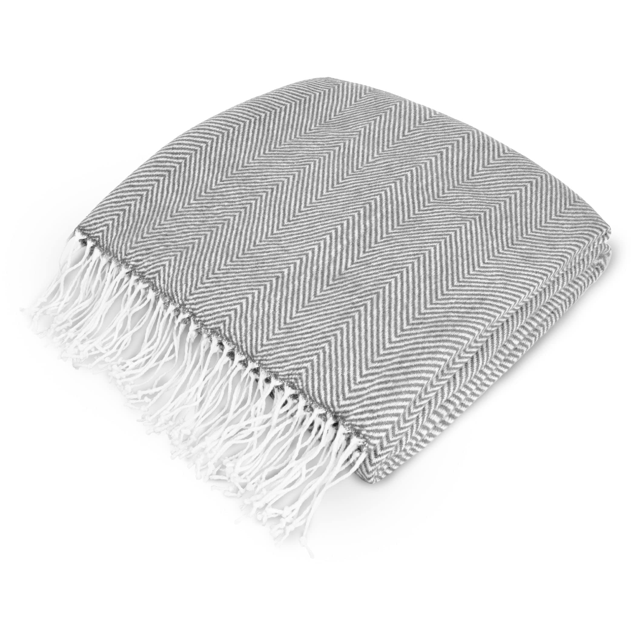 Light Gray Herringbone Throw for Couch, Decorative Outdoor Accent Blanket, Faux Cashmere, 50x60