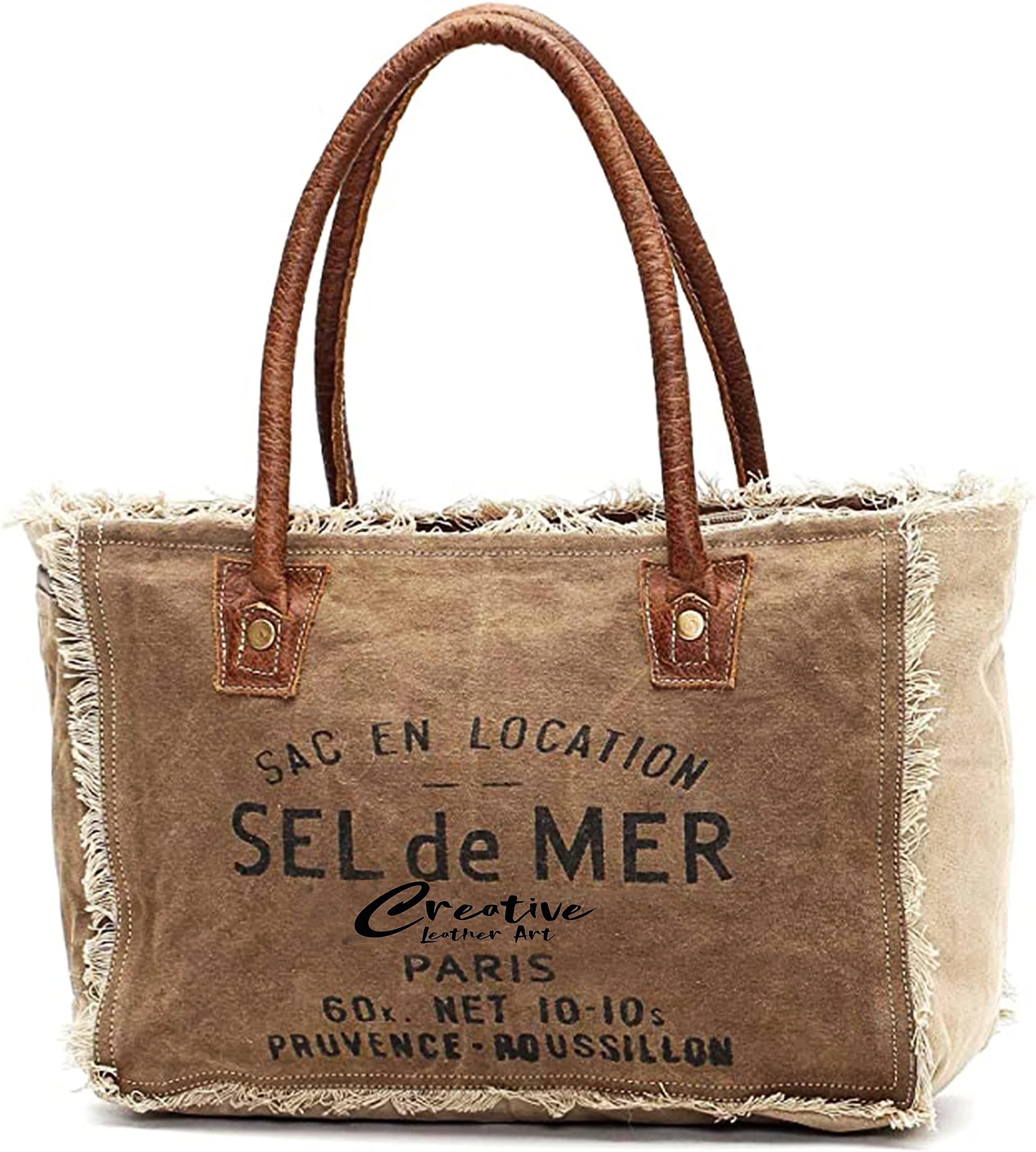 Sel de Mer Canvas Tote Bag for Women with Leather Handles, Shoulder Bag, Casual Everyday Purse, Beach, Travel, Shopping Bag (Khaki, 13 x 10 Inch)