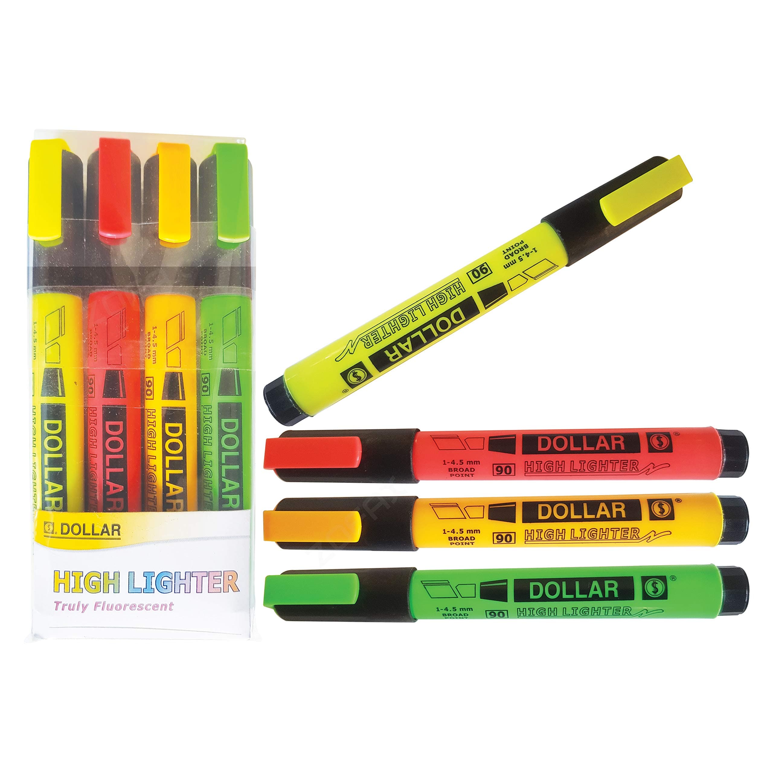 DOLLAR 4 x 1-4.5mm Line Chisel Tip Highlighter Pens Wallet Assorted Hi-lighter