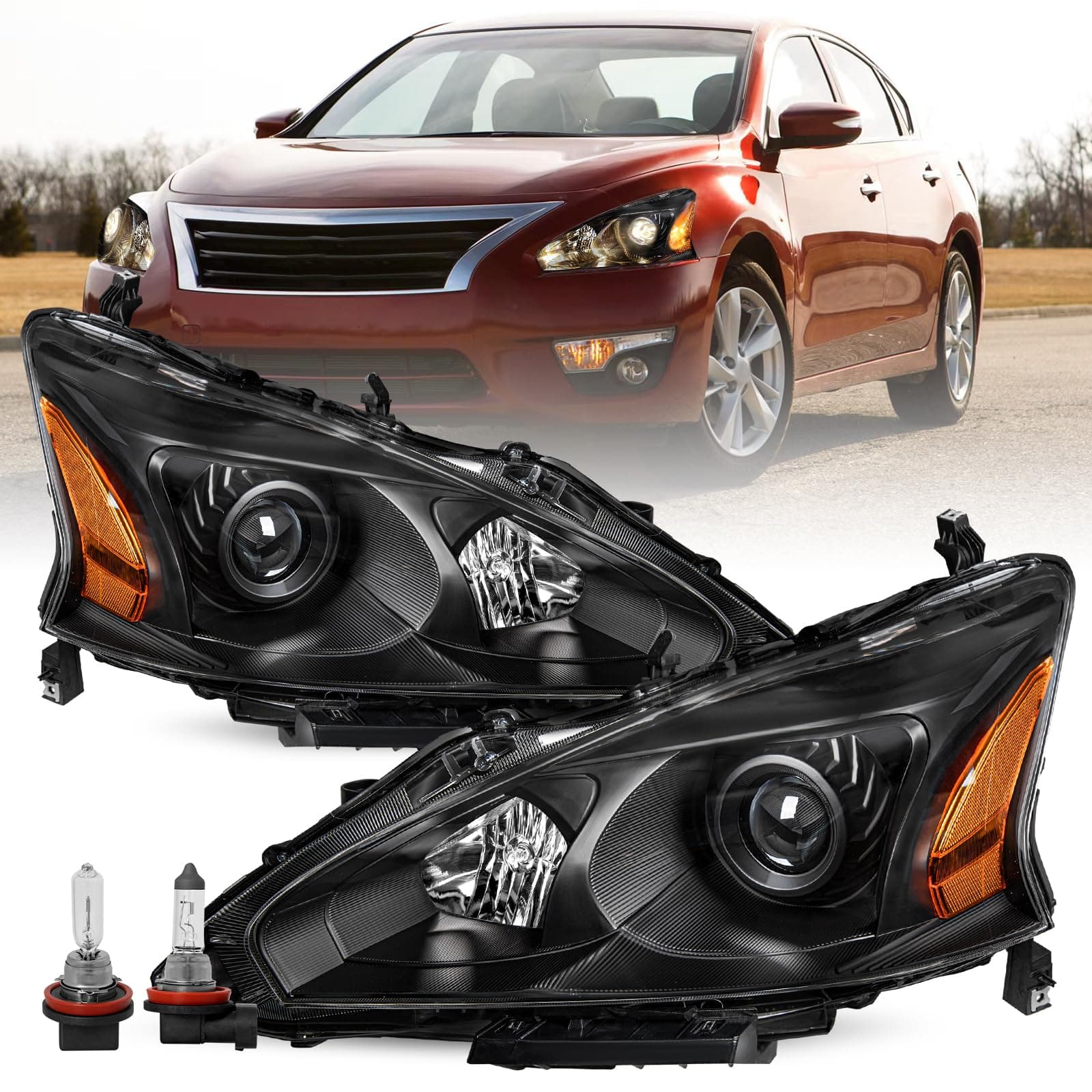 Headlight Assembly Compatible with 2013 2014 2015 Nissan Altima 4-Door Sedan Halogen Headlamps 13 14 15 Altima 4Dr Black Housing Amber Reflector Driver & Passenger Side Bulbs Included