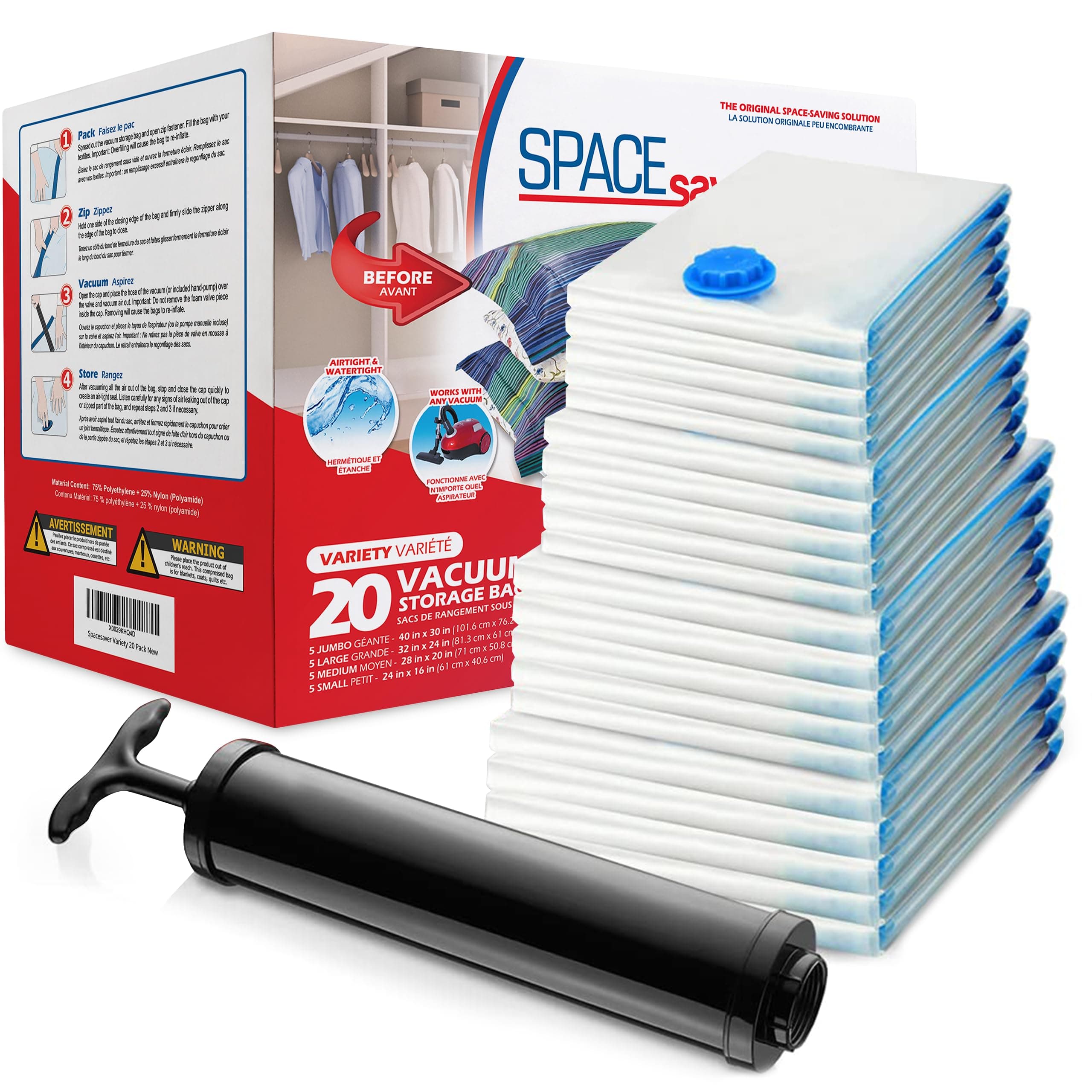 20-Pack Variety Vacuum Storage Bags for Comforters, Blankets & Clothes – Vacuum Sealed Compression Bags with Hand Pump – Space Saver Storage Bags for Bedding,Travel & Organization (5S, 5M, 5L & 5XL)