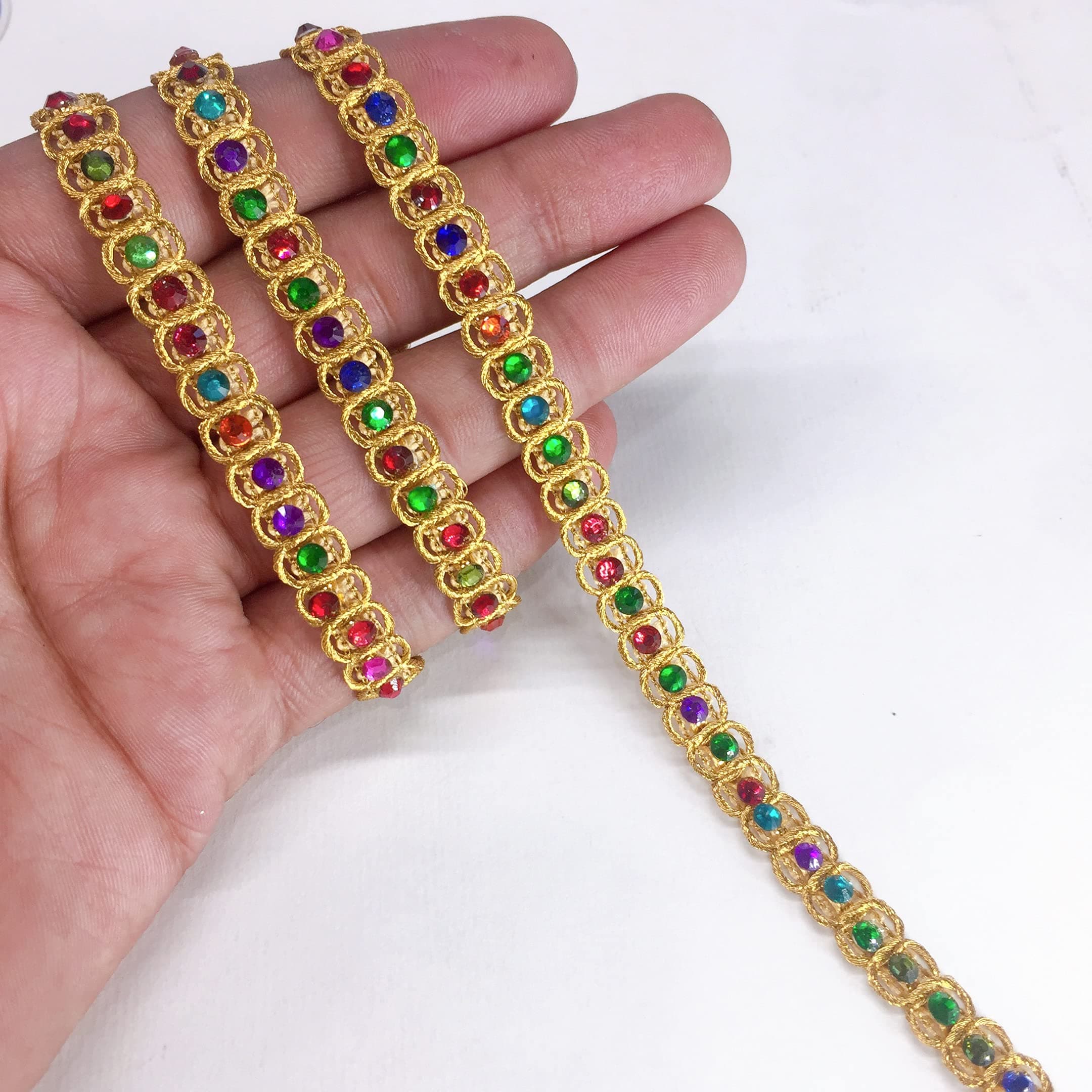 Lami 9 Meter Multicolor Round Stone with Gold Jari Handwork Border, Designer Saree Falls, Cutwork Lace, Bridal Lehenga, Saree Dupatta Suit Anarkali Border, Decoration Tape Lace, Art and Craft Ribbon