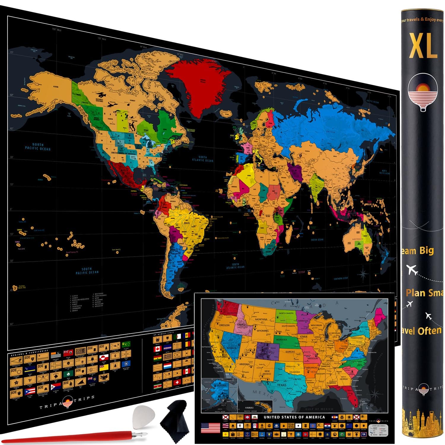 XL Scratch off World Map with All 233 Flags + Deluxe USA Scratch off Map | 36...
