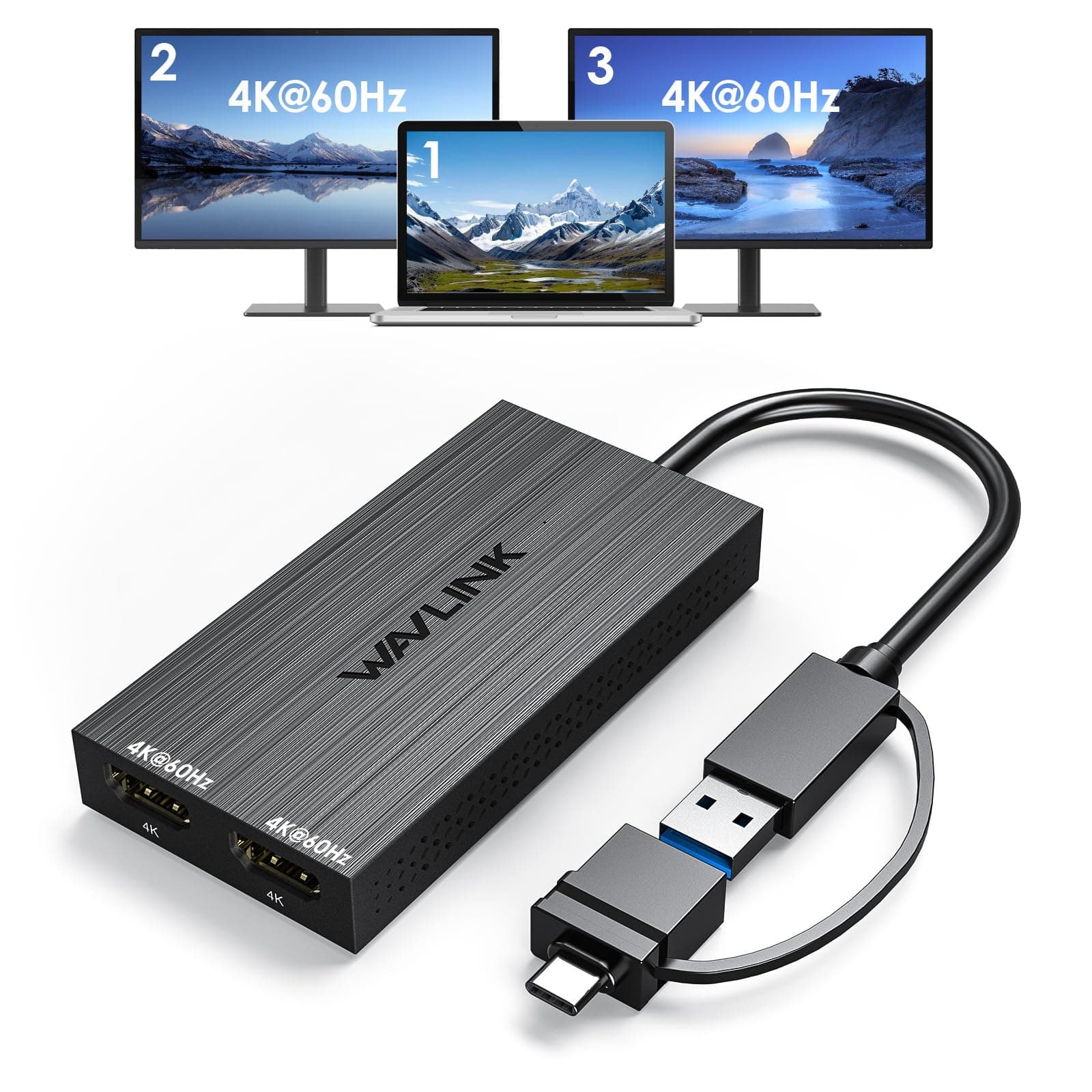 WAVLINK USB 3.0 or USB C to Dual HDMI Splitter Extended Display for Dual Monitor, Displaylink Adapter Dual HDMI 4K 60Hz for Apple Mac M1/M2/M3 or Windows 10/11, USB A/C to HDMI 4K Output