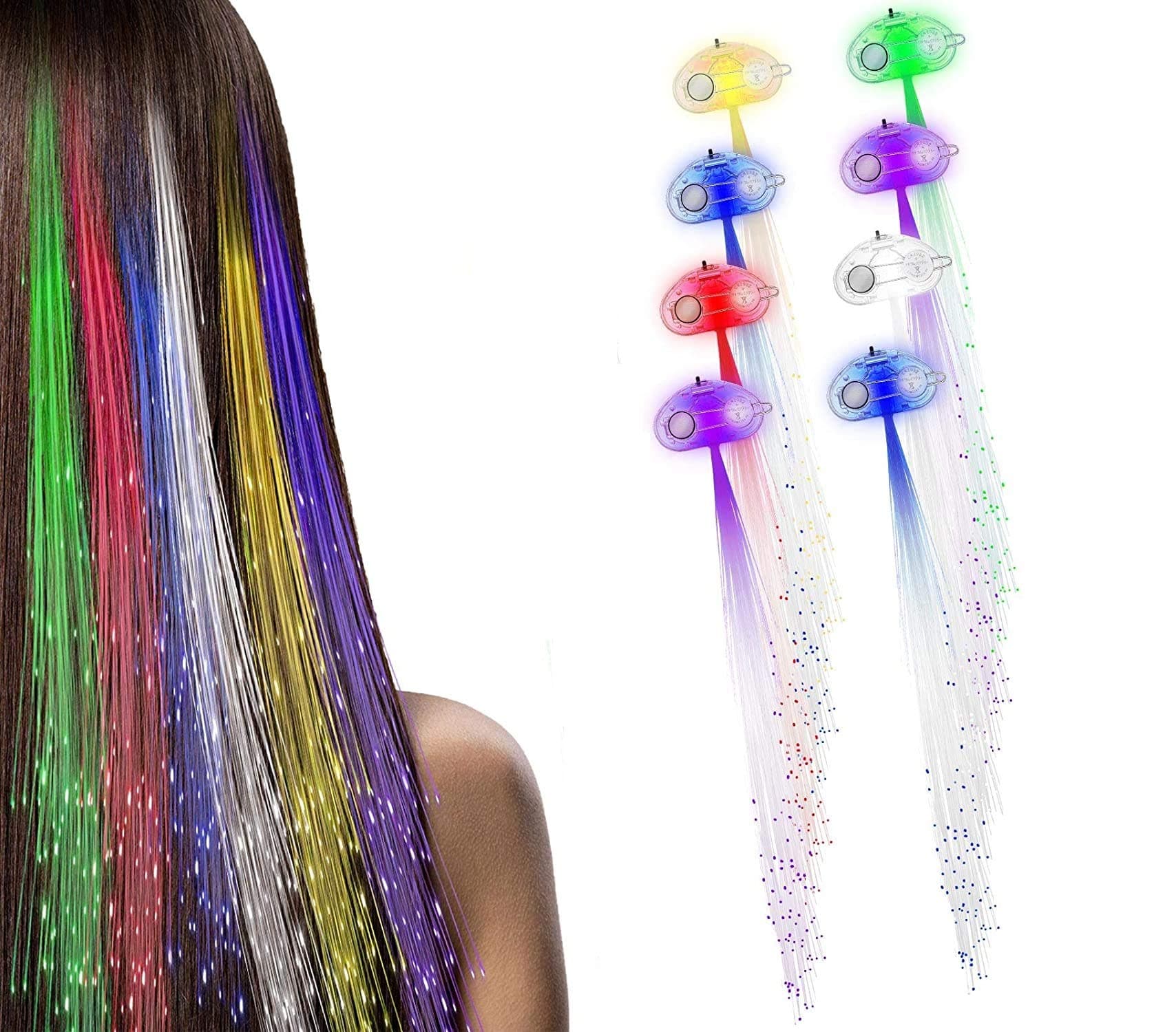 8 Pack LED Hair Extensions Multicolor Changing Flashing Light Up Clips Party Bar Dancing Supplies