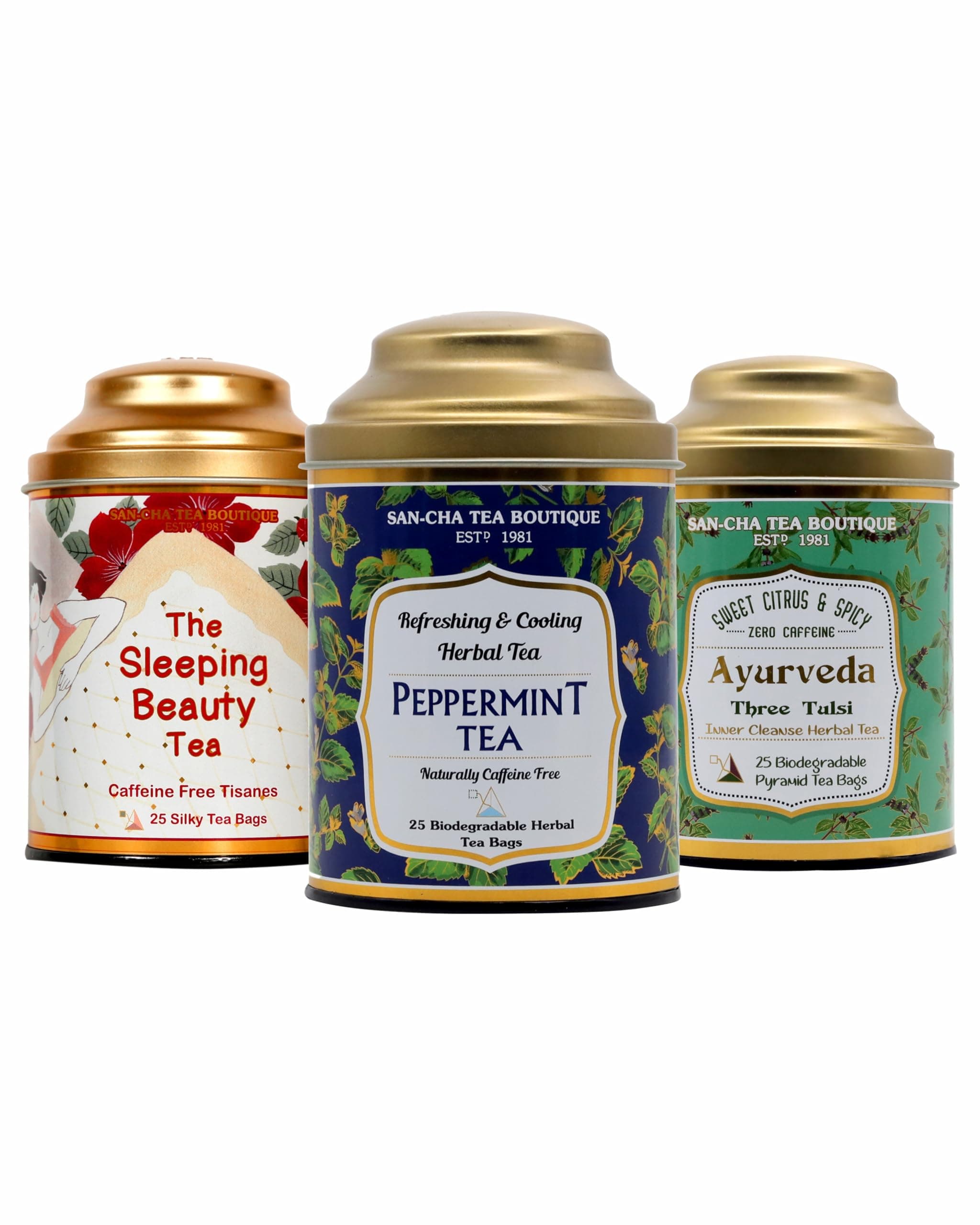 Sancha Tea Boutique, Caffeine-Free Herbal Tea Bundle, Peppermint, Sleeping Beauty & Tulsi Herbal Tisanes, Eco-Friendly Biodegradable Pyramid Tea Bags, Value Pack