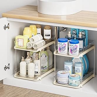 Delamu 2 Sets of 2-Tier Multi-Purpose Bathroom Cabinet Under Sink Organizers and Storage, Stackable Kitchen Pantry Organization and Storage, Beige