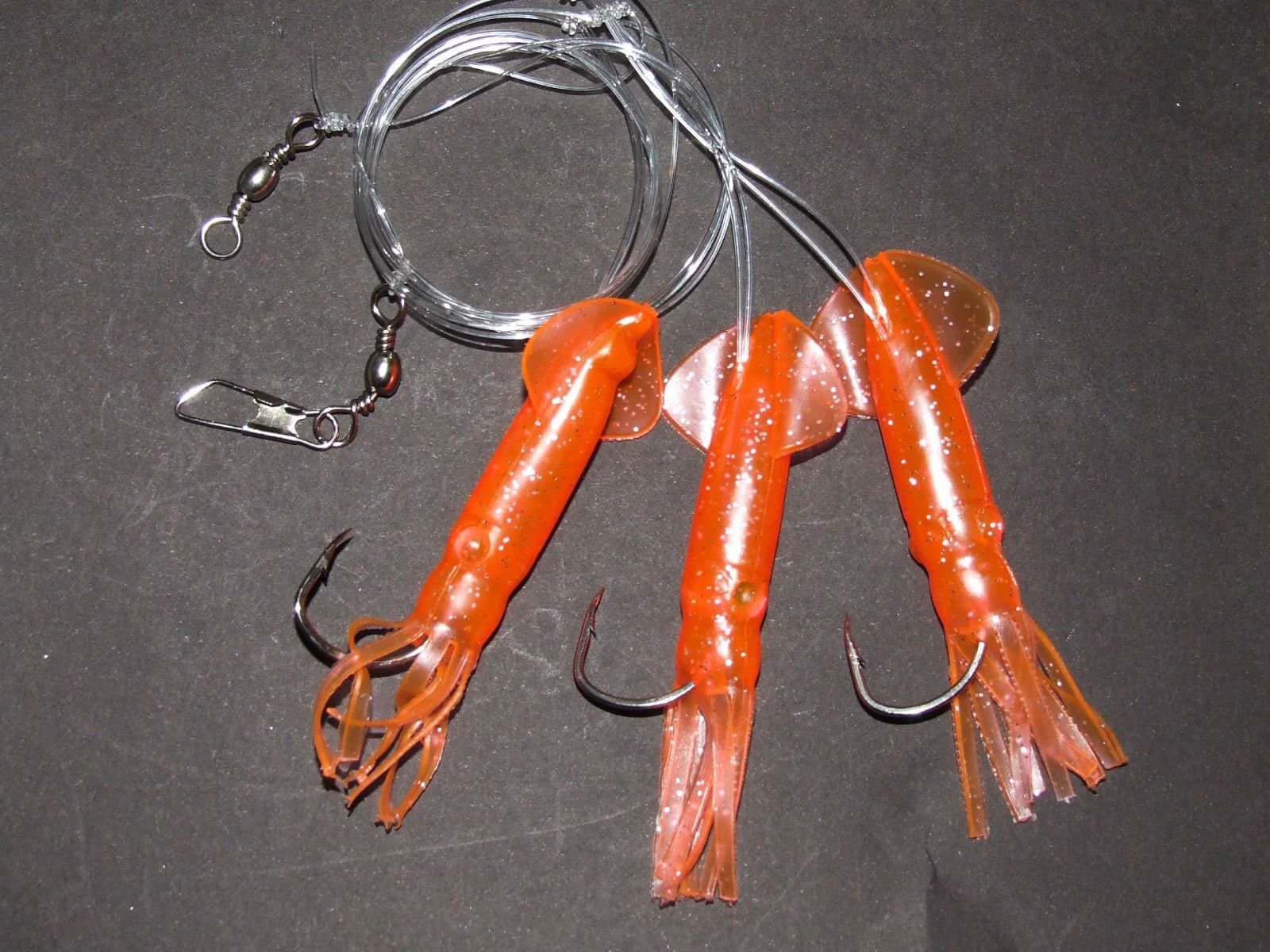 SUPER CATCH GLITTER ORANGE SQUID RIG LURE 3 x 6/0 HOOK BOAT WRECK COD SEA FISHING LINE CLIP