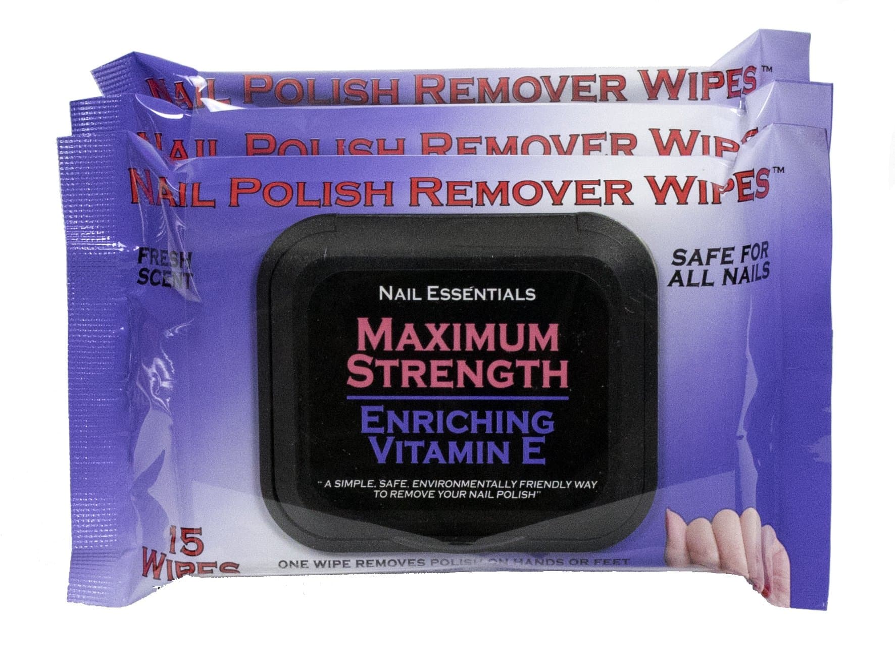Nail Essentials Nail Polish Remover Wipes - Vitamin E Enriched - 3 Pack, 45 Wipes (Purple Packages)