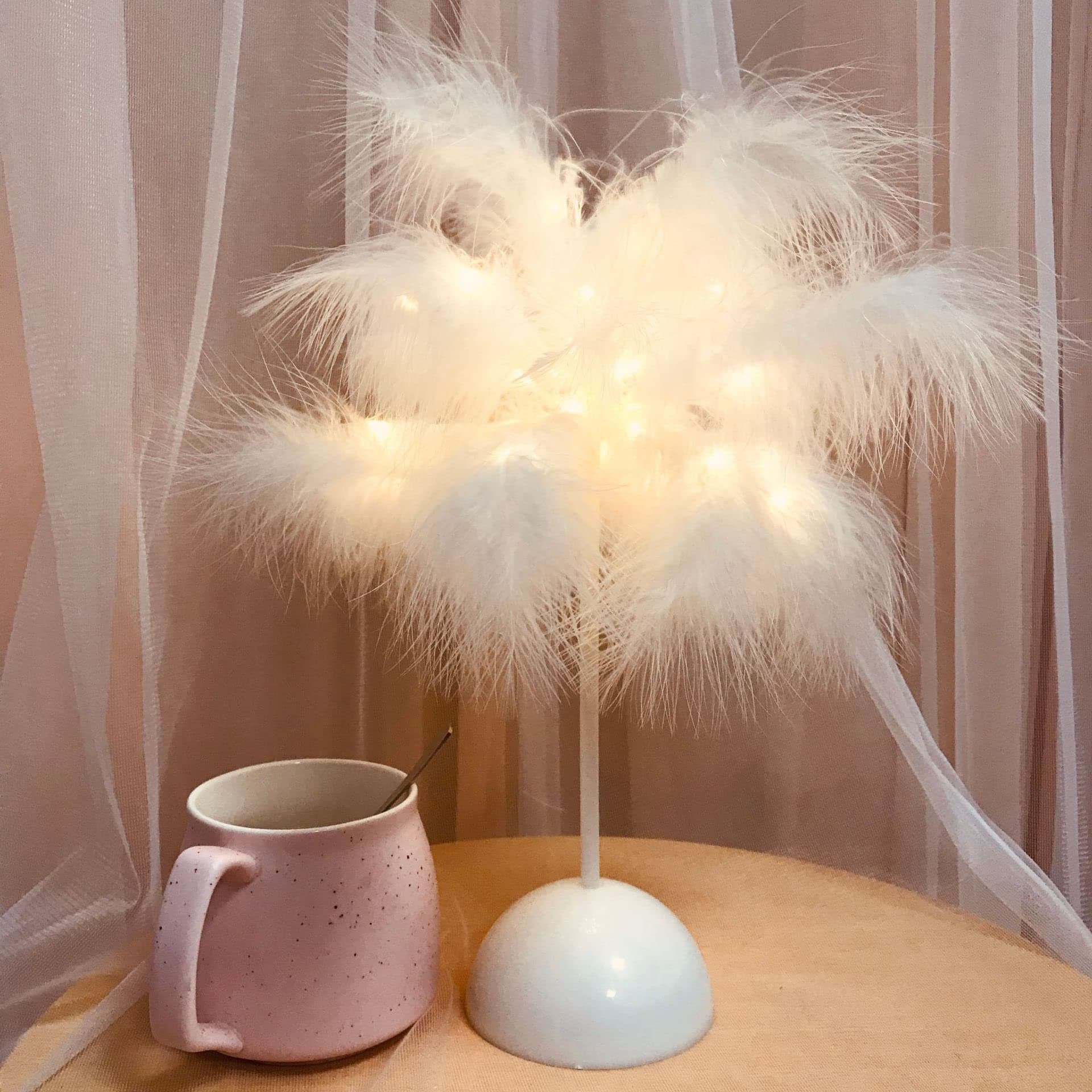 Feather Table Lamp DIY Warm Light LED White birch Willow Branch Cherry Plum Blossom Tree Light Table Lamp For Christmas Wedding Home Bedroom Decor (White Feather)