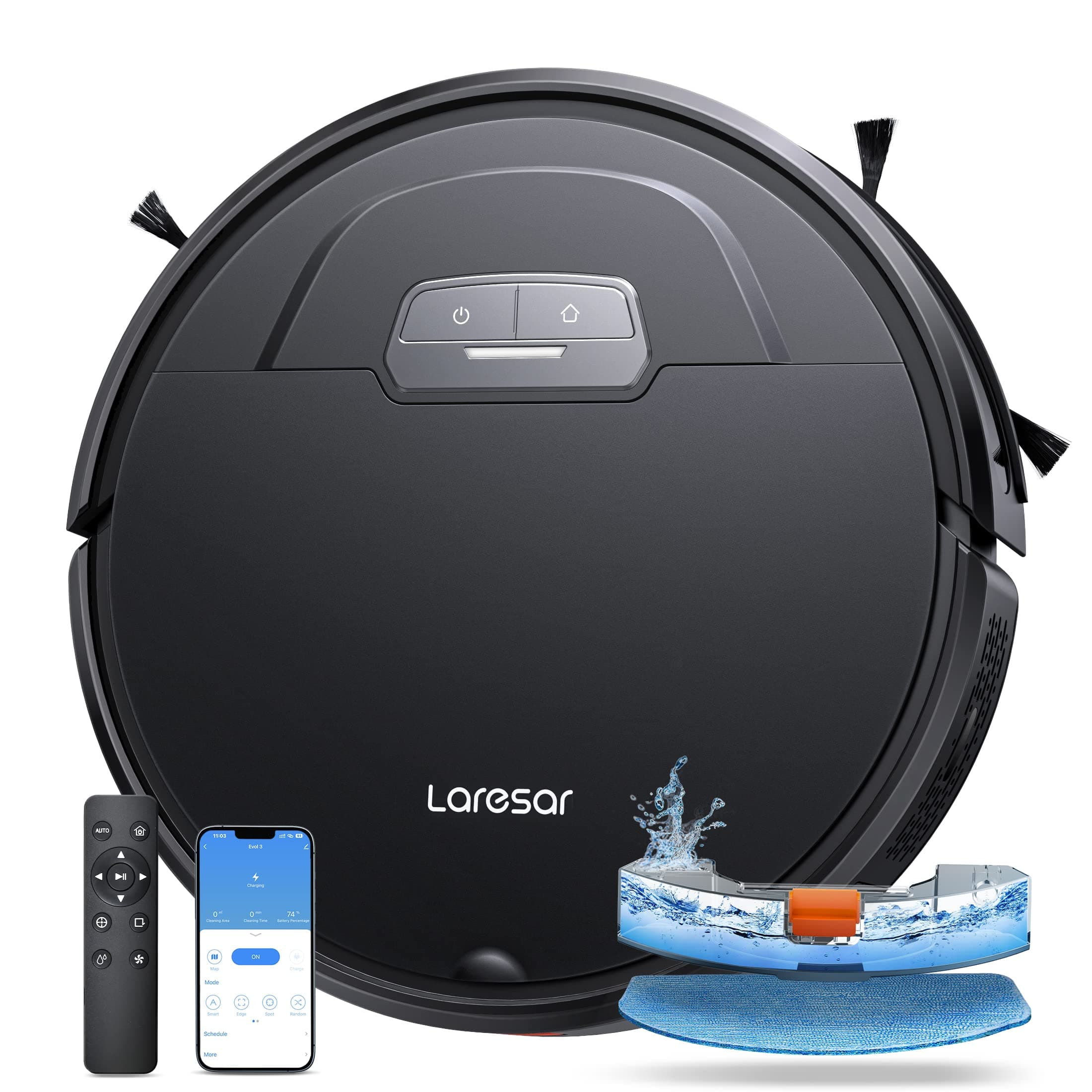 Laresar Evol 3 Robot Vacuum Cleaner With Mop Function - 4500Pa Super Thin Black Vacuum - 180 Minutes Battery Life - App/Remote/Voice Control - Ideal for Hard Floors, Pet Hair, Carpet