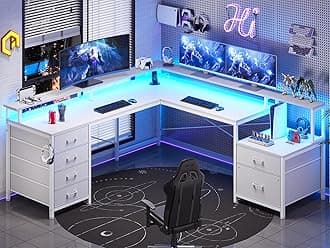 L Shaped Desk with 6 Drawer, 108" Home Office Desk with File Drawer & Power Outlet, Corner Computer Desk with Monitor Shelf, File Cabinet, Two Person Desk, Gaming Desk with Led Lights, White
