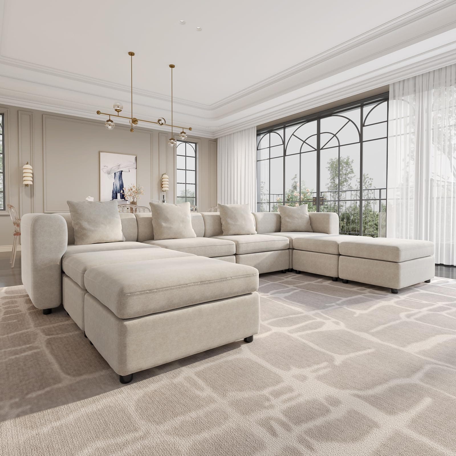 149.6" U Shaped Modular Sectional Sofa with 4 Pillows, Upholstered Sectional Couches for Living Room, Modern Comfy 8-Seater Couch with Storage Ottoman, Deep Seat Sofa with Chaise, Beige