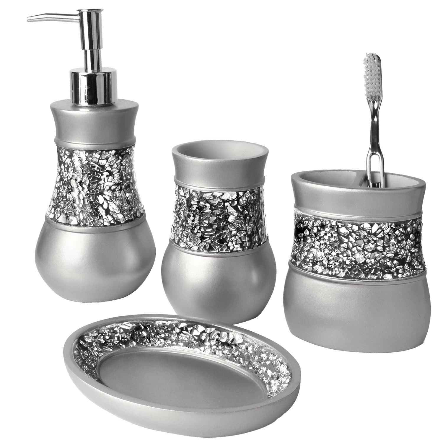 Crackled Glass Silver Bathroom Accessory Set – 4-Piece Vanity Set Includes: Lotion Soap Dispenser, Toothbrush Holder, Tumbler, and Soap Dish