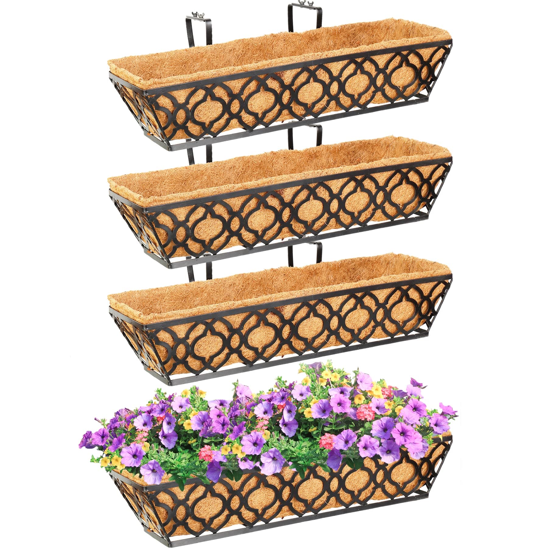 Y&M 4pcs 24 Inch Window Deck with Coconut Coir Liner, 24" Railing Planter Horse Trough Coco Basket Boxes Metal Hanging Flower Balcony for Outdoor Garden Fence Lawn