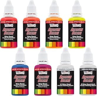 6 Color Fluorescent Acrylic Neon Colors Airbrush Paint Set with Reducer & Cleaner, 1 oz. Bottles