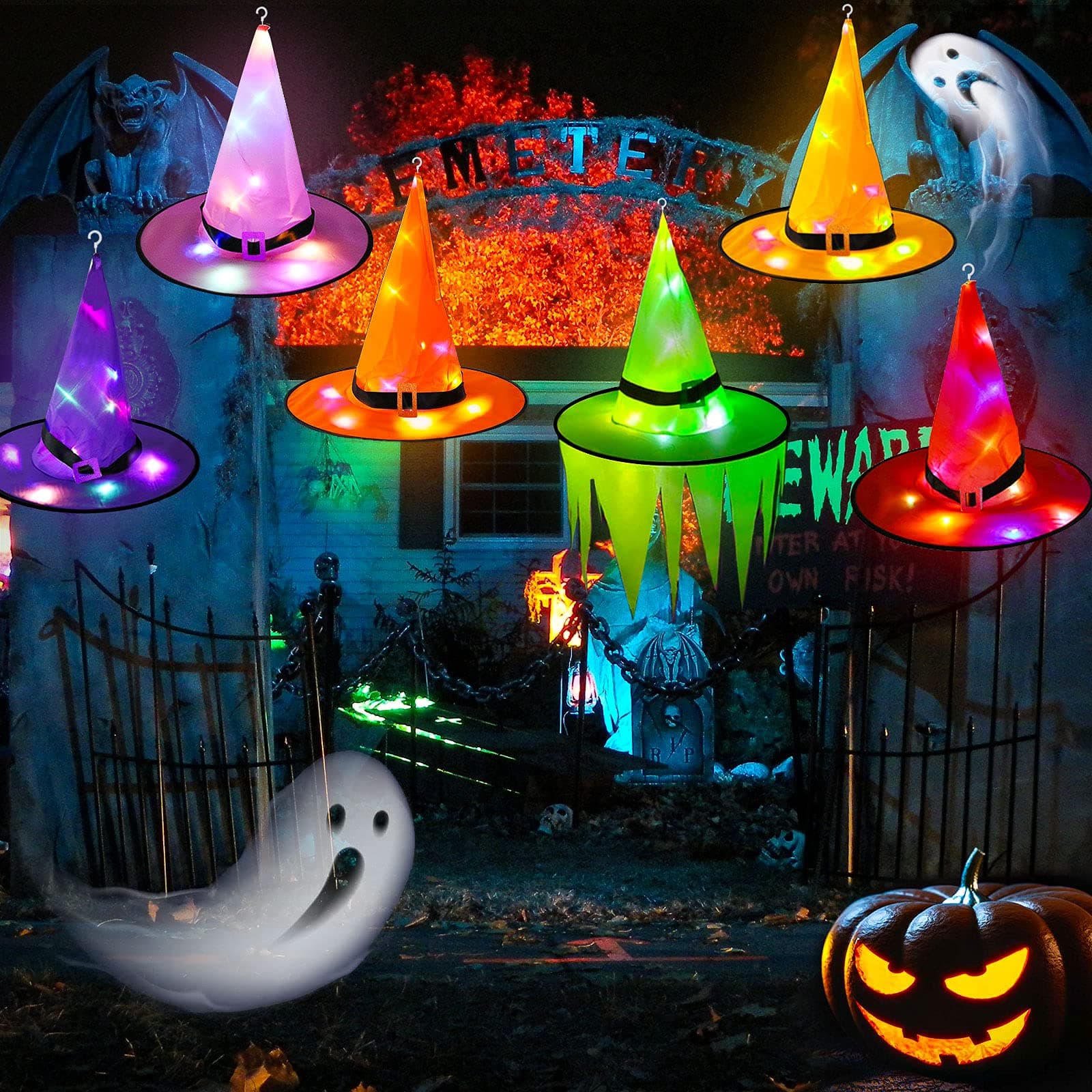 Halloween Decorations Witch Hat Led lights,6PCS Lighted Glowing Hanging witch Hat With Hook String Lights for Halloween Party Costume Tree Props Outdoor Indoor Garden Home Porches Yard Cosplay