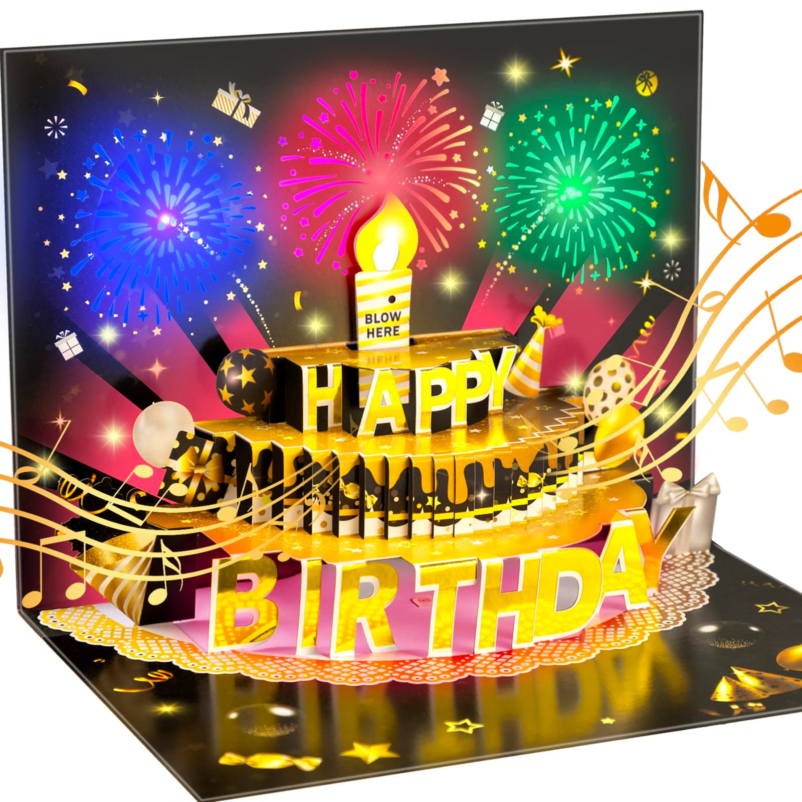 Birthday Cards Firework Pop Up Cake, Blowable LED Light Candle Cake Music Happy Birthday Card, Firework Birthday Cards for Women, Men, Wife, Mom, Husband