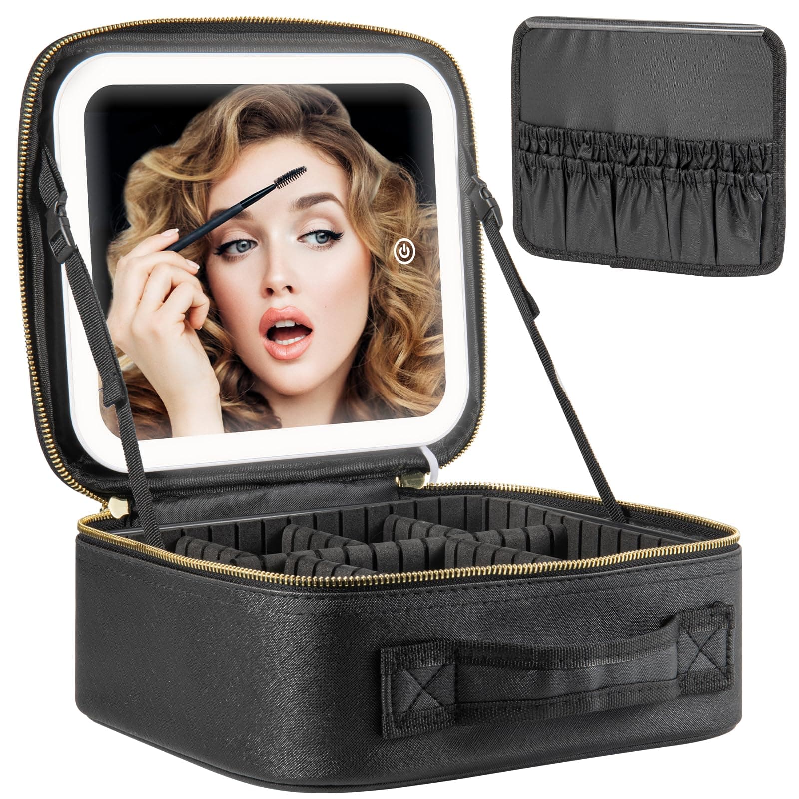Makeup Travel Train Case with Mirror LED Light 3 Adjustable Brightness Large Cosmetic Bag Portable Storage Adjustable Partition Waterproof Makeup Brushes Make up Jewelry Gift for Women