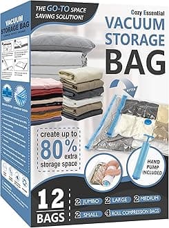 Cozy Essential Vacuum Storage Bags, Compression Space Saver Bags for Clothes, Comforters, Blankets, Pillow, Bedding, Sealer Clothing Storage,12 Combo