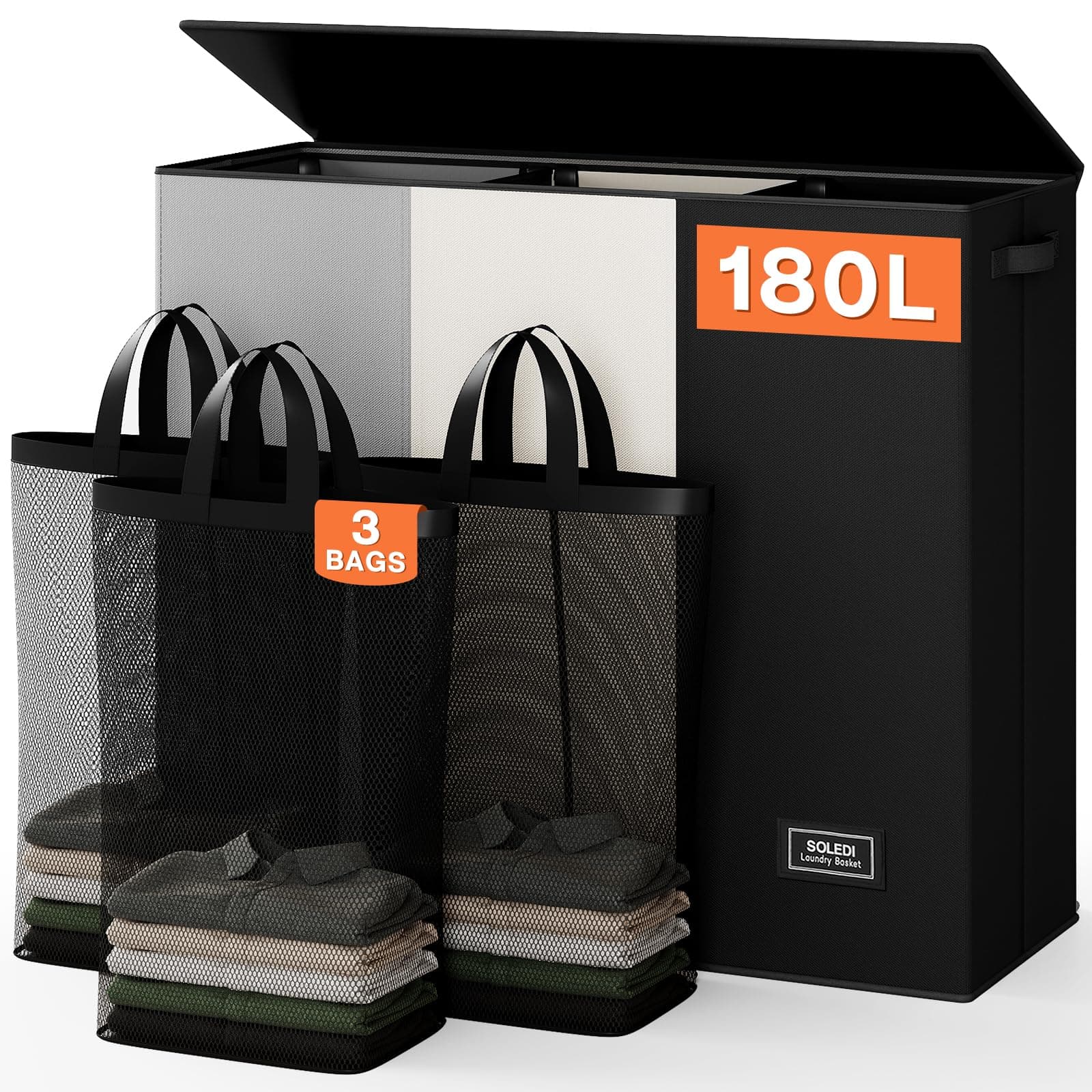 SOLEDI Laundry Hamper 3 section with lid and 3 Pcs Laundry Bag, Large Hamper 3 compartment 180L, Laundry Basket Laundry sorter Clothes hamper for Laundryroom Bedroom Blanket Storage Organizer