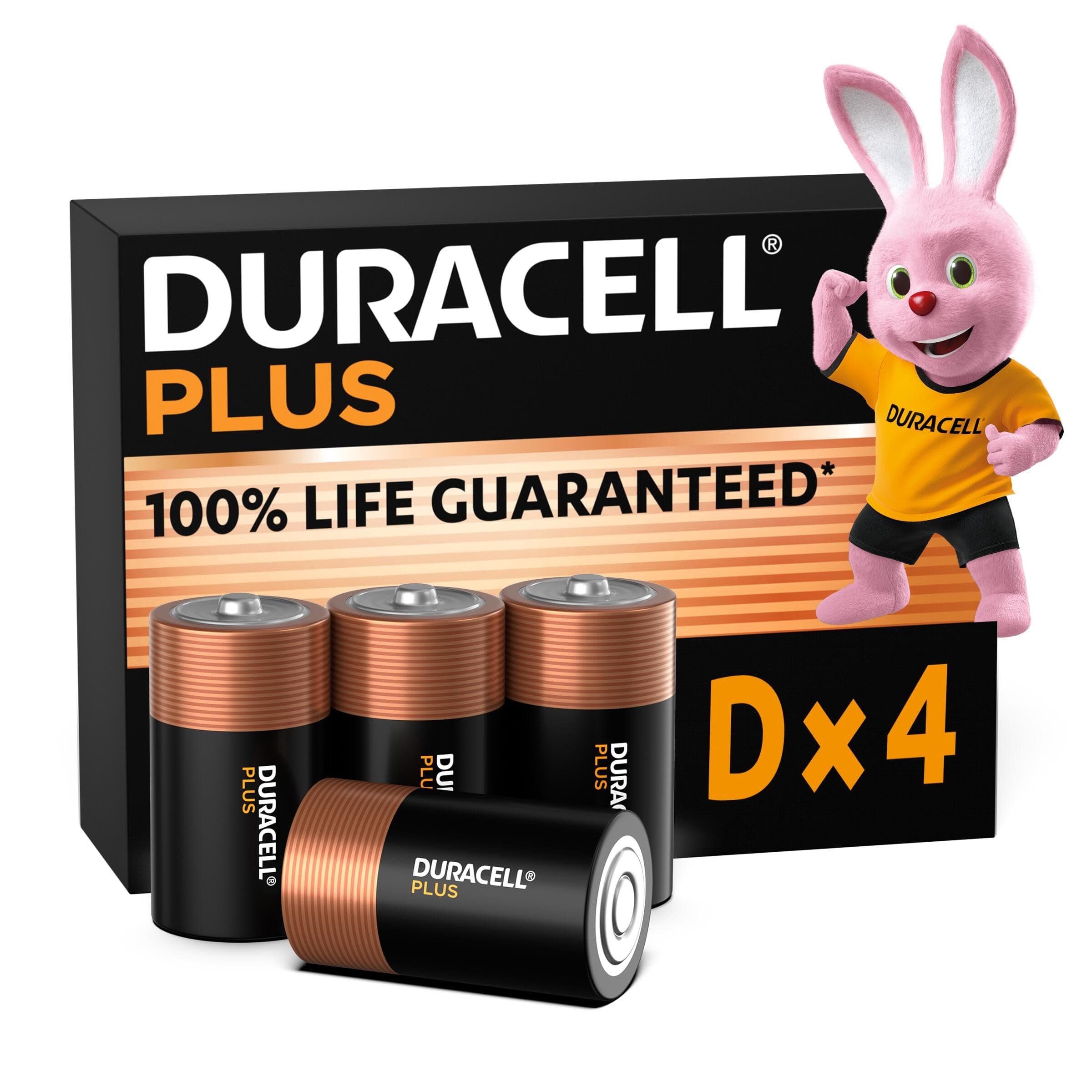 Duracell Plus D Batteries (4 Pack) - Alkaline 1.5V - 100% Life Guaranteed - Reliability For Everyday Devices - 0% Plastic Packaging - 10 Year Storage - LR20 MN1300