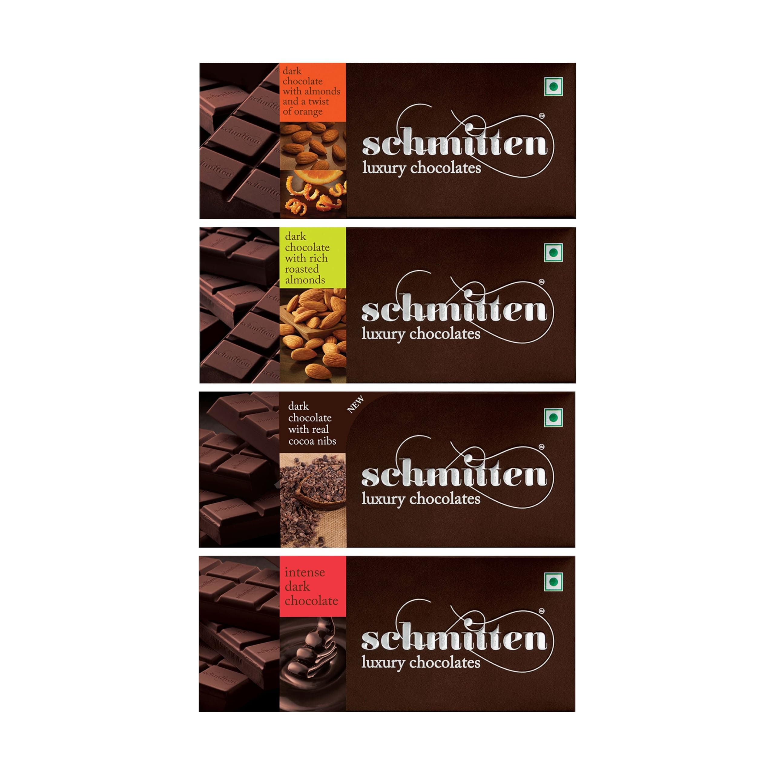 - Schmitten Assorted Dark Chocolate Bars Gift Pack | Intense Dark, Cocoa Nibs, Roasted Almond & Orange | 4 Varieties x 70g, 280g | Chocolate Gift Box for Birthdays, Anniversaries & Festivities