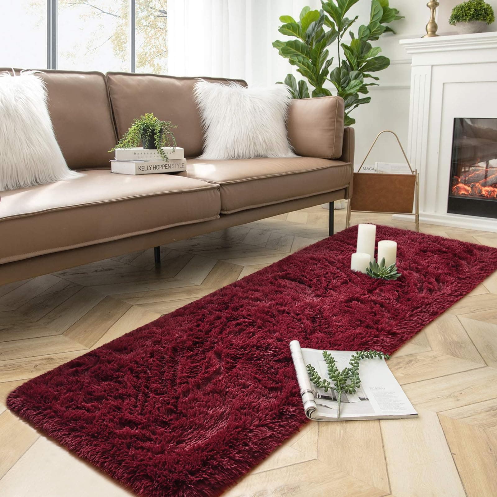 DweIke Fluffy Burgundy Red Runner Rugs for Bedroom, 2x6 Feet Soft Plush Long Runners for Girls Boys Kids, Non-Slip and Machine Washable Bedside Rug, Small Throw Carpet for Hallway Rooms Decor