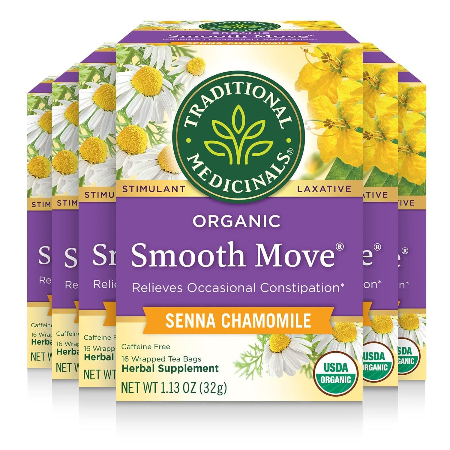 Organic, Smooth Move Tea, Chamomile & Senna - Helps Relieve Constipation Overnight - Kosher, Non-GMO, Caffeine-Free, Compostable - 96 Tea Bags (6 Packs of 16)