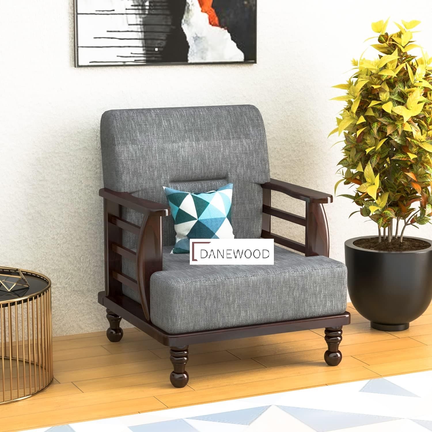 1 Seater Sofa Arm Chair | Solid Sheesham Wood, Brown