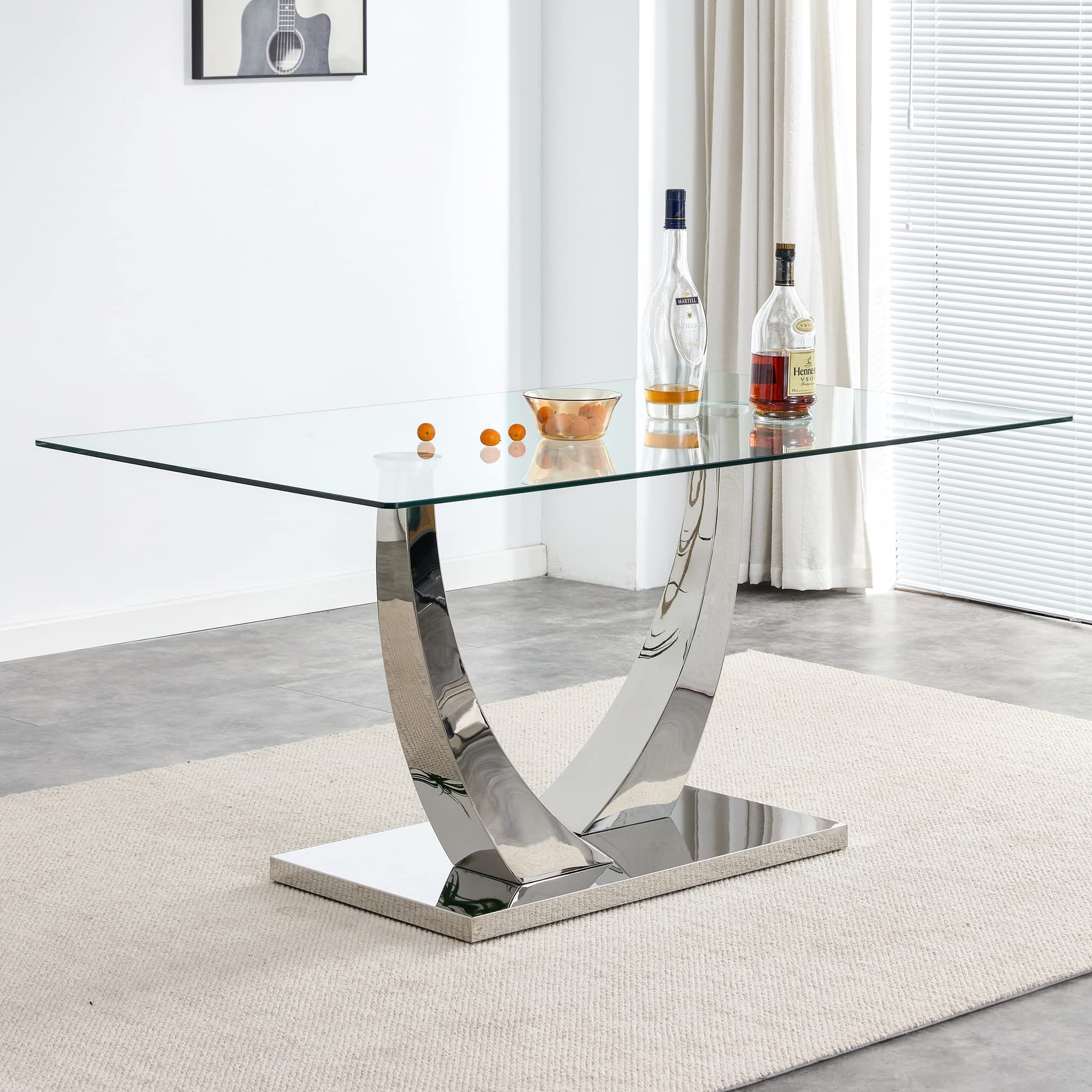 Modern Glass Dining Table for 4 6 8 with Rectangular Tempered Glass Tabletop and Silver Chrome Metal U-Shaped Pedstal for Kitchen Dining Living Meeting Room Banquet Hall (Silver6)