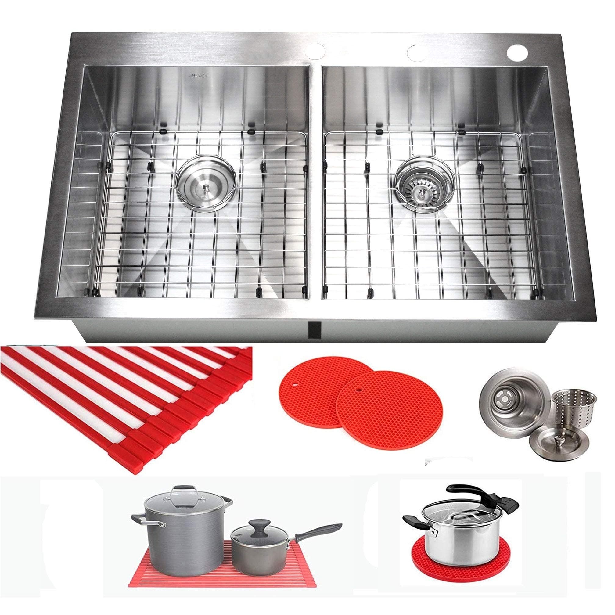 Ariel 36 Inch Zero Radius Design 16 Gauge Topmount Drop In Over the Counter Large Double Bowl 5050 Stainless Steel Kitchen Sink Premium Package