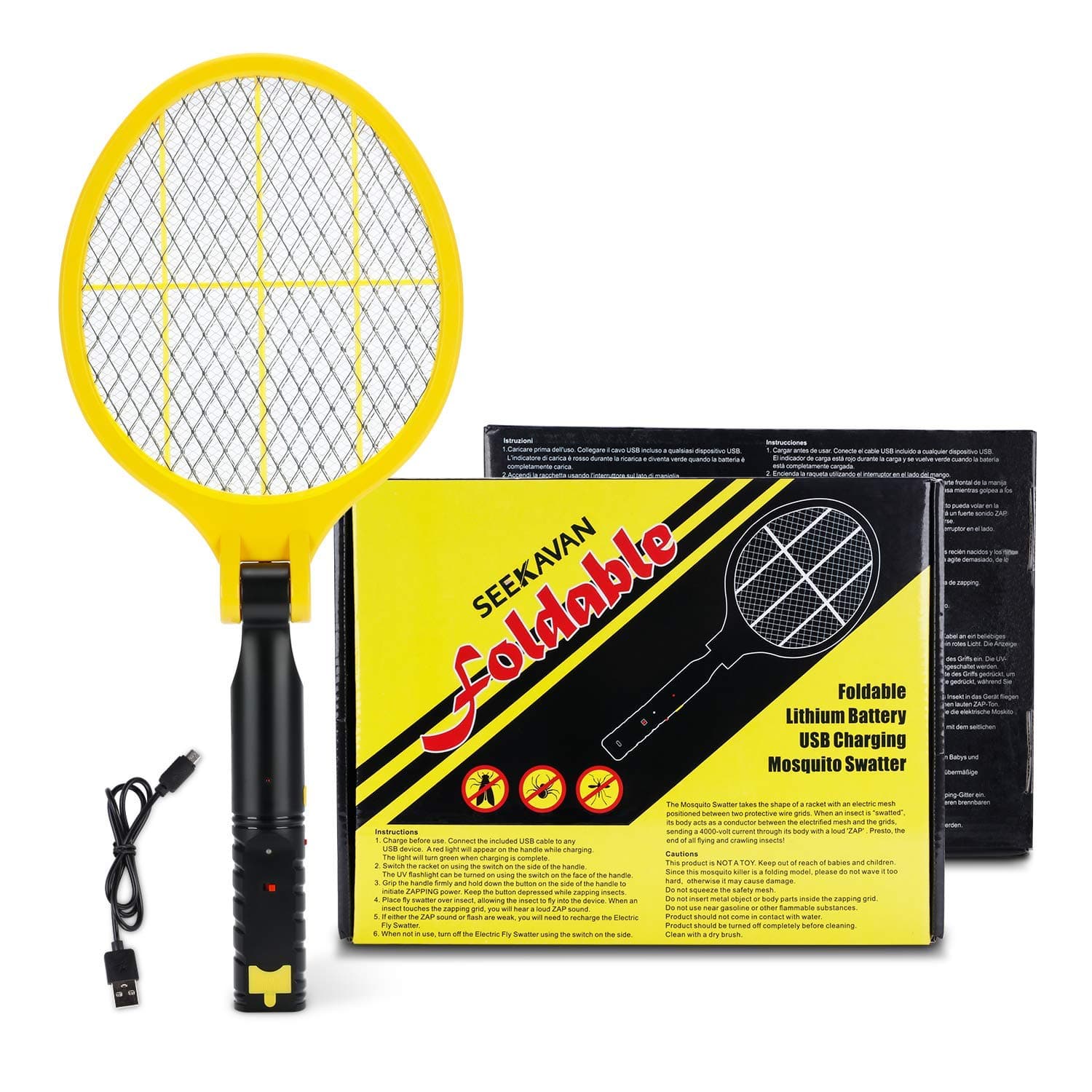 Fly Zapper, Fly Swatter Foldable USB Rechargeable Bug Zapper Electric Mosquito Zapper Racket for Home, Outdoor, Garden, Office, Yellow, LED Light, 4200 Volts
