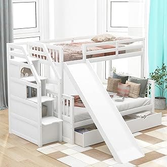 SOFTSEA Twin Over Full Bunk Beds with Slide and Stairs, Twin Wood Bunk Bed with Slide for Kids, Playhouse Design, No Spring Box Needed, White