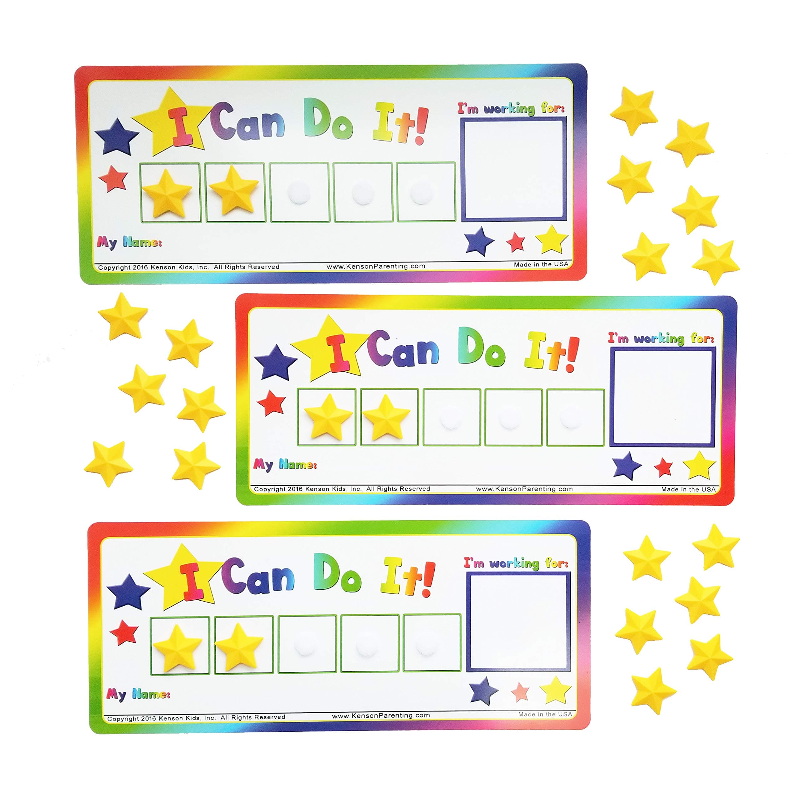 Kenson Kids “I Can Do It!” Token Board, 3 Pack. Colorful Magnetic Rewards Chart with Positive-Reinforcement Stars and Customizable Goal Box. Great for Ages 3-10. Measures 5-Inches by 11-Inches